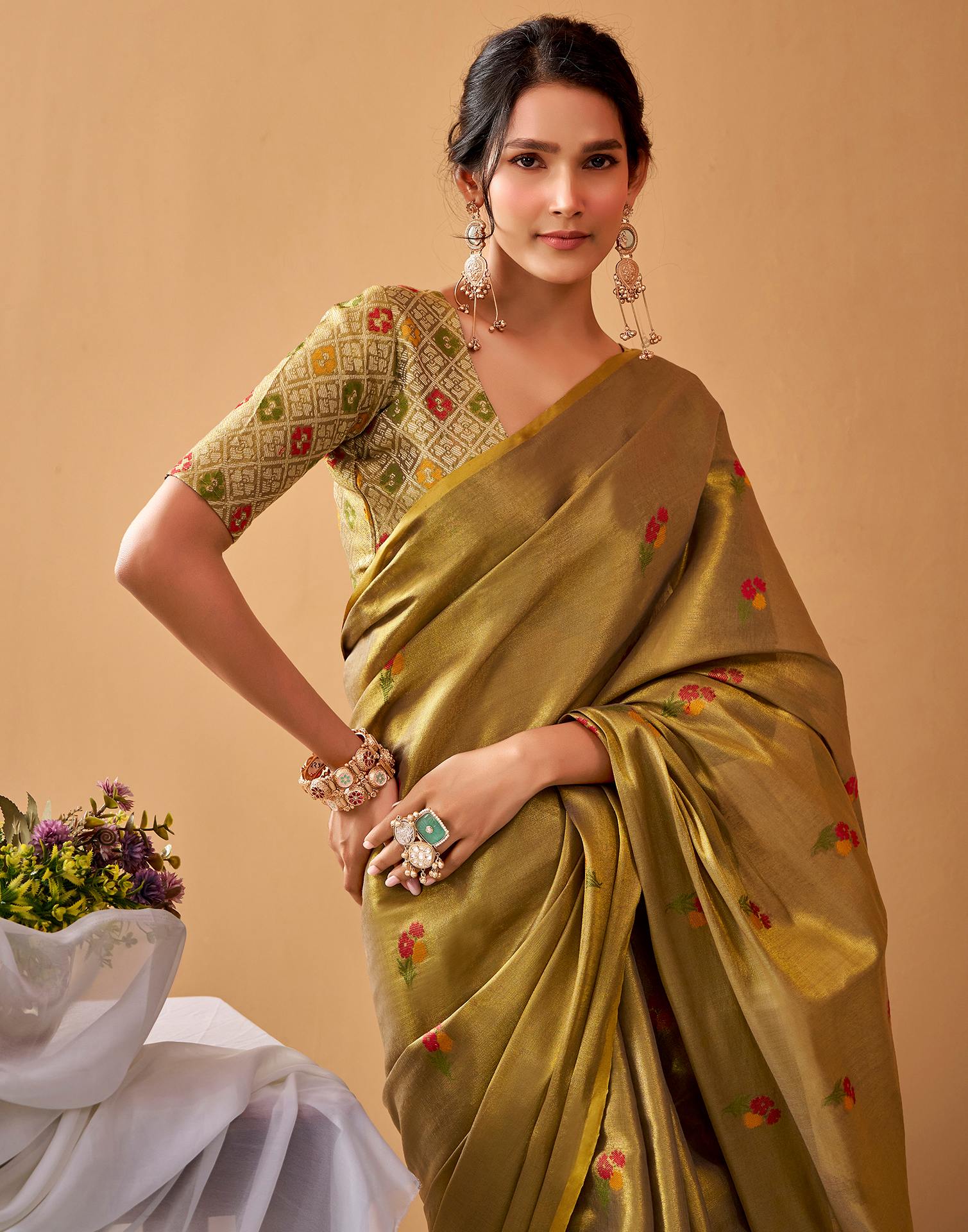 Dark Mustard Green Tissue Silk Woven Floral Saree