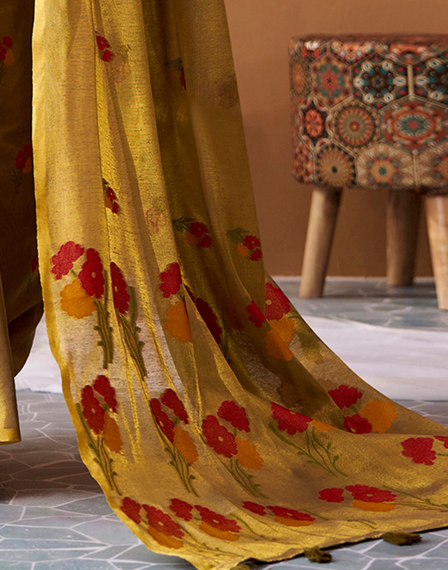 Dark Mustard Green Tissue Silk Woven Floral Saree