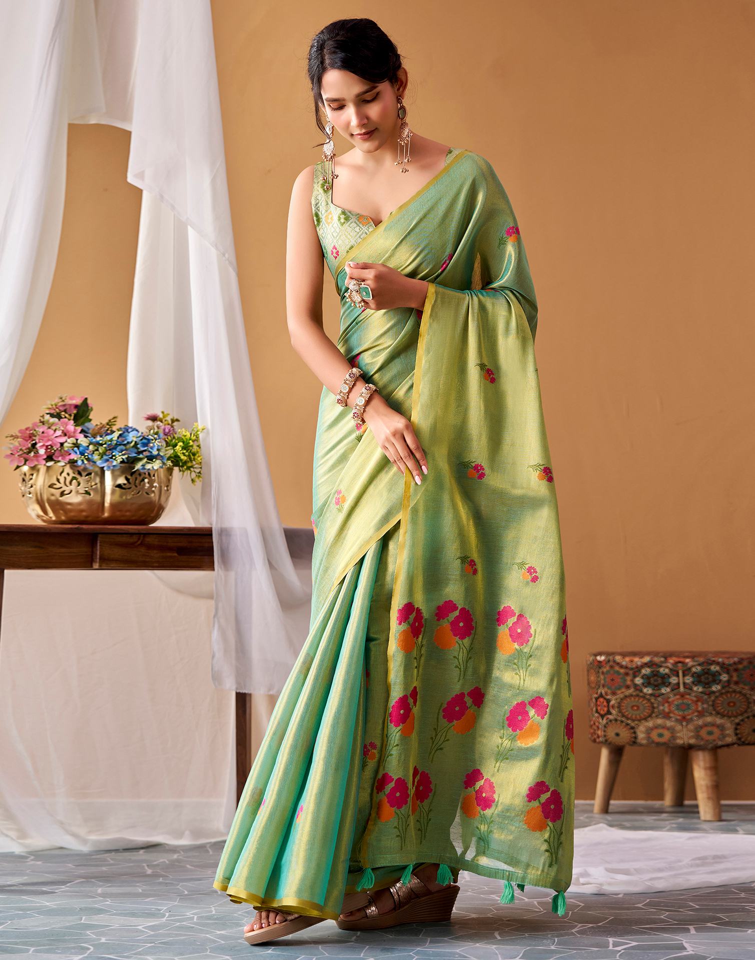 Pista Green Tissue Silk Woven Floral Saree
