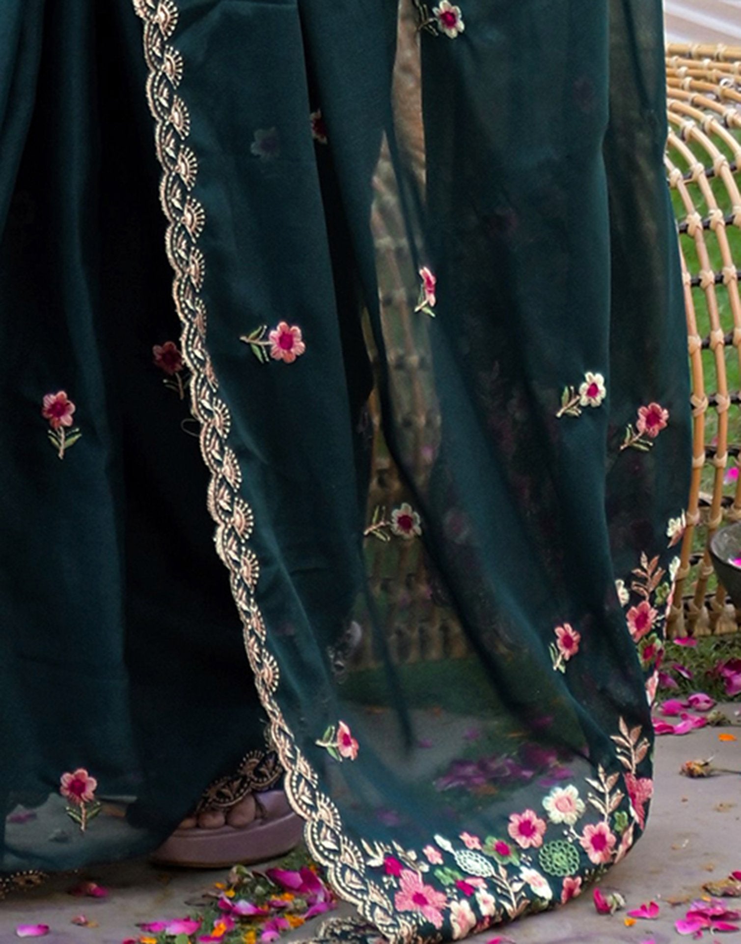 Rama Blue Shimmer Georgette Embroidery Saree