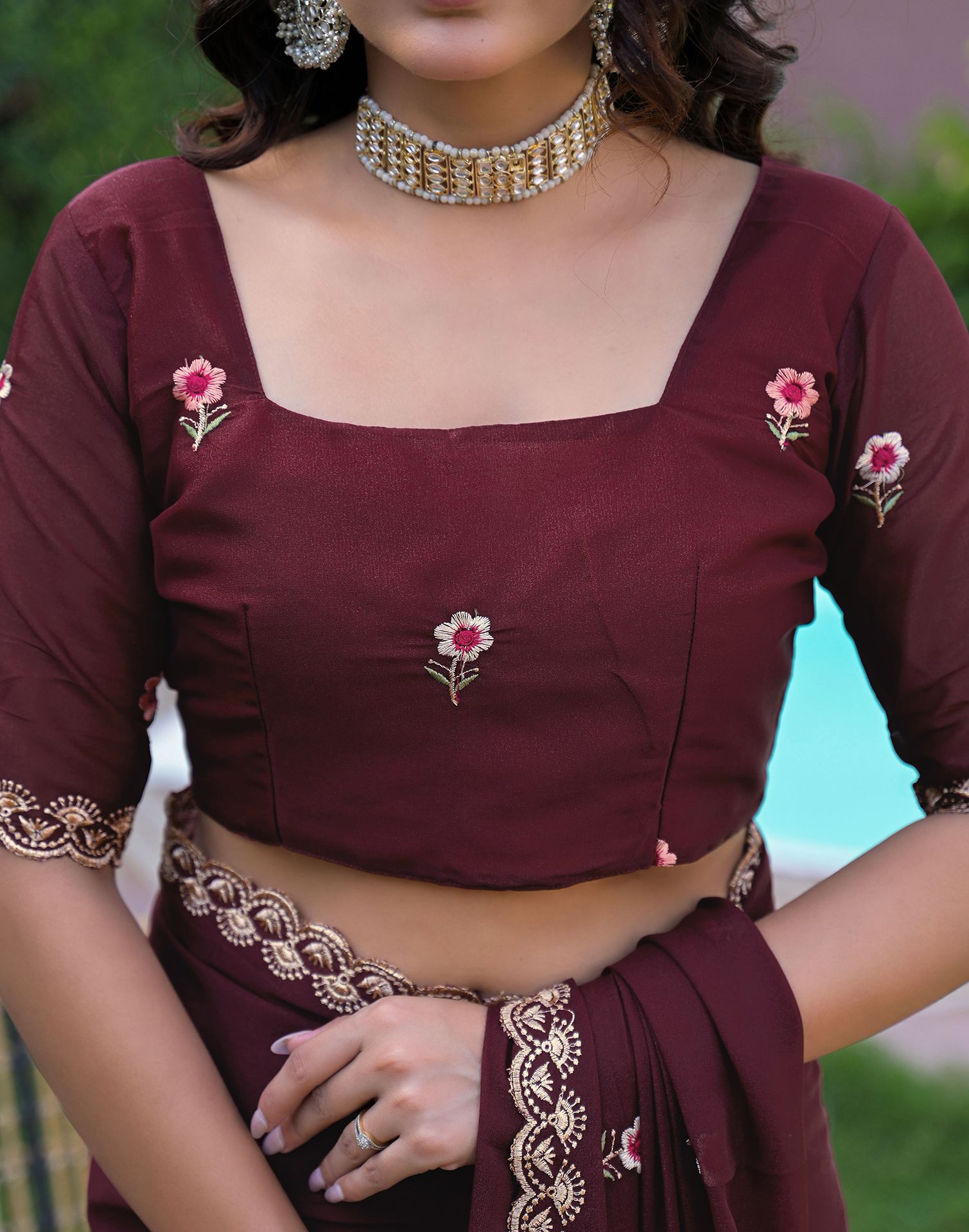 Maroon Shimmer Georgette Embroidery Saree