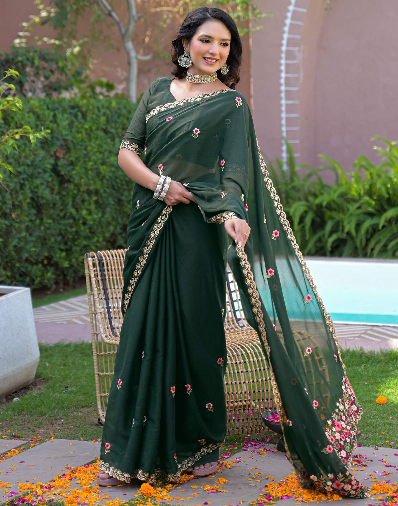 Dark Green Shimmer Georgette Embroidery Saree