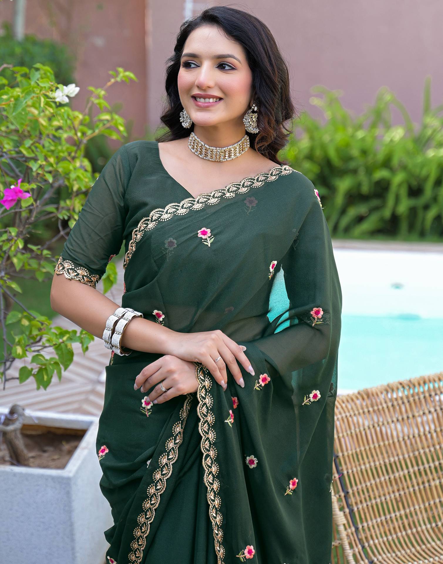 Dark Green Shimmer Georgette Embroidery Saree