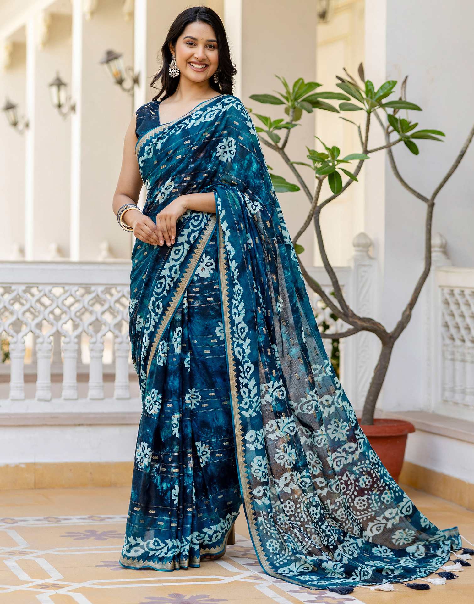 Navy Blue Cotton Printed Zari Stripe Saree