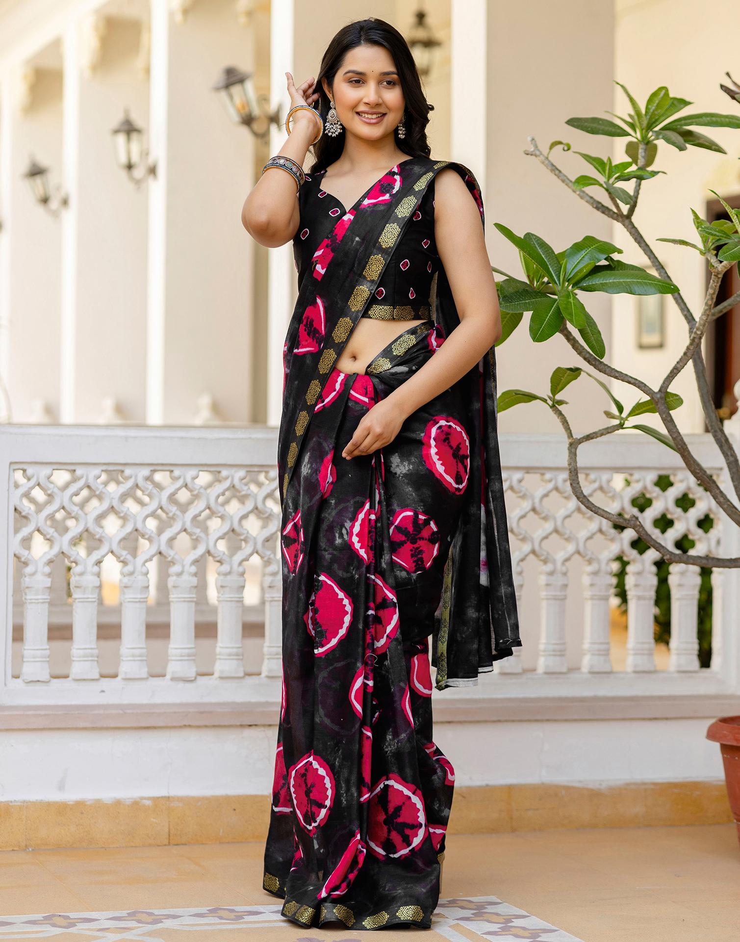 Black Cotton Printed Woven Border Saree