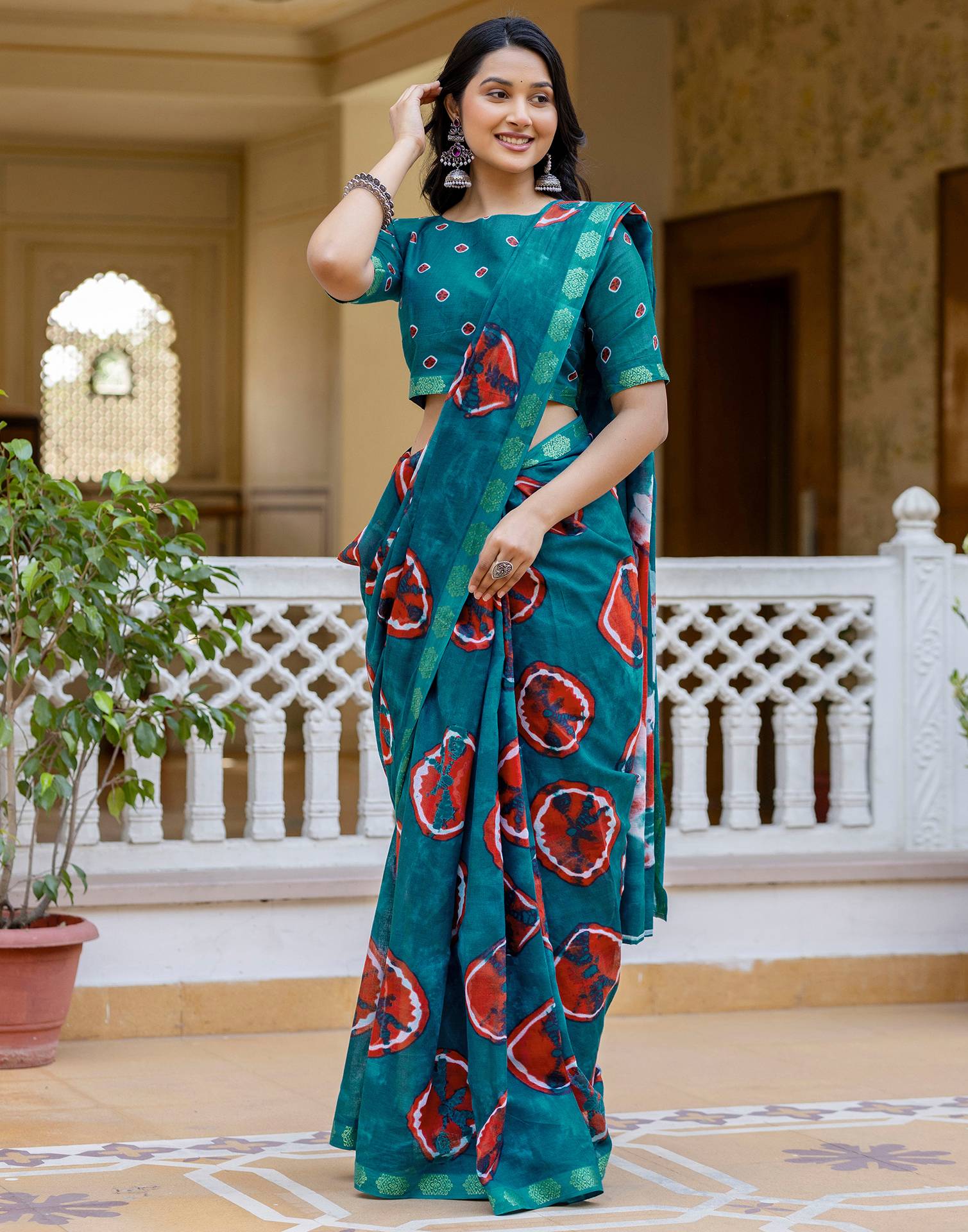 Brown Cotton Printed Woven Border Saree