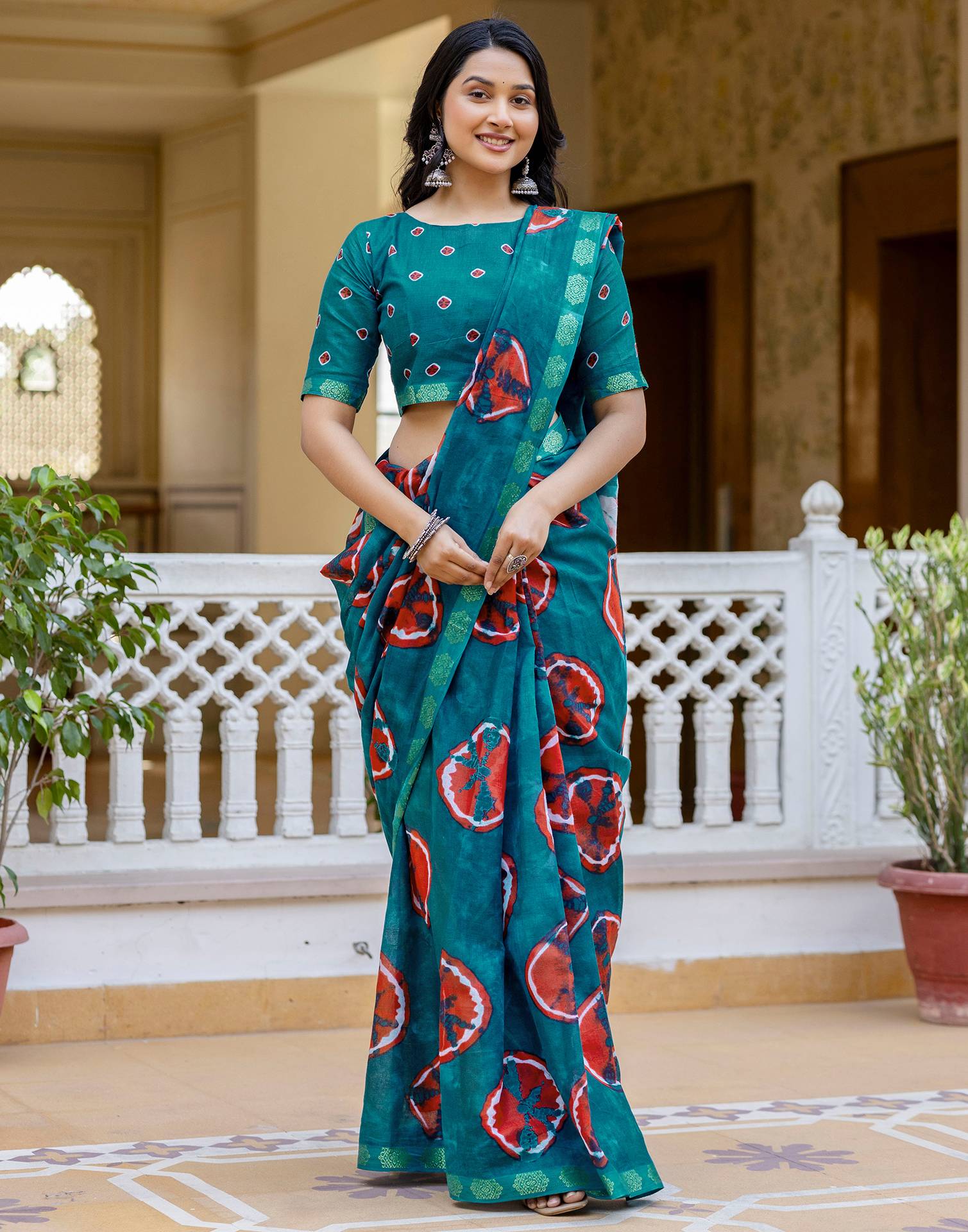 Brown Cotton Printed Woven Border Saree