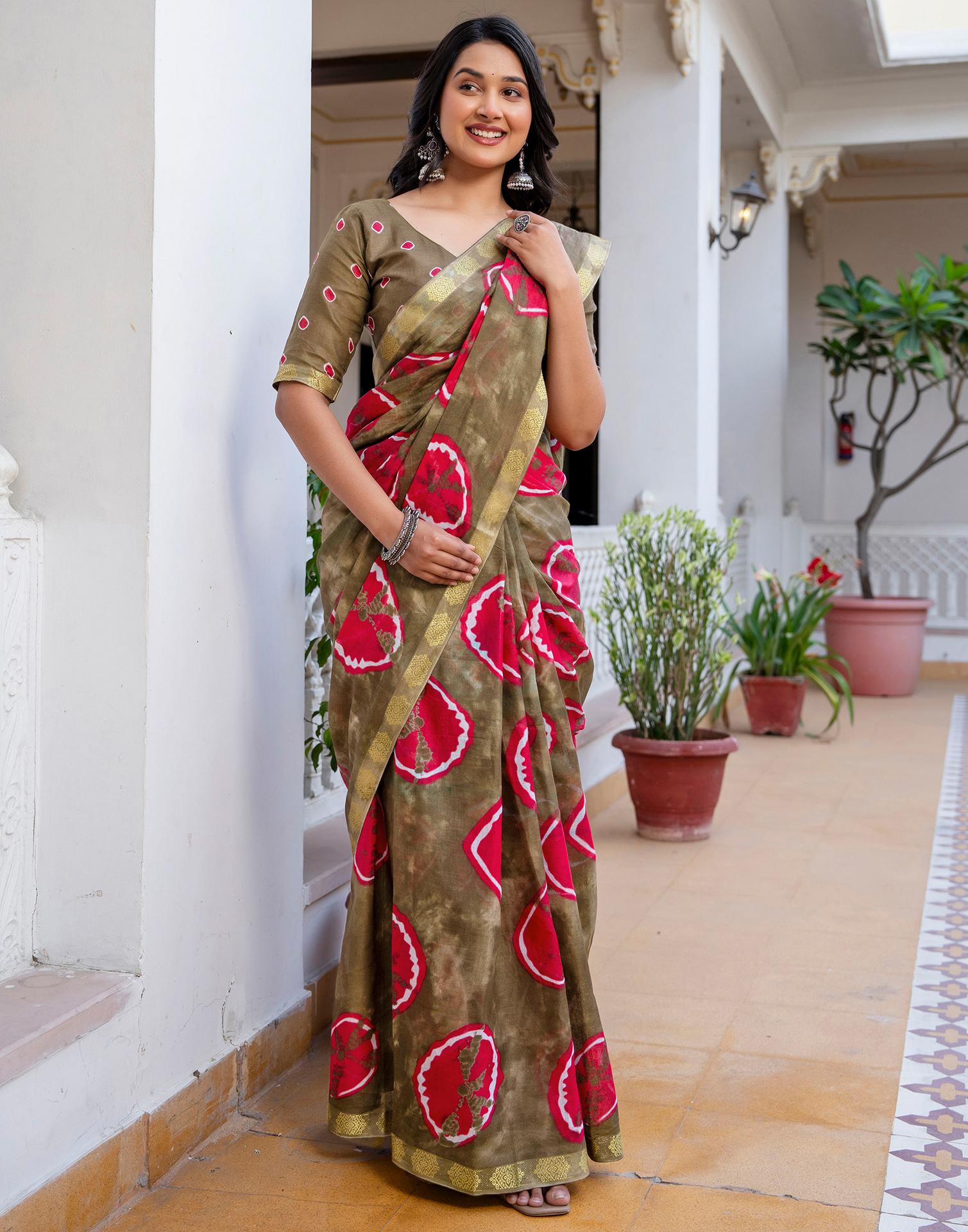 Peacock Blue Cotton Printed Woven Border Saree