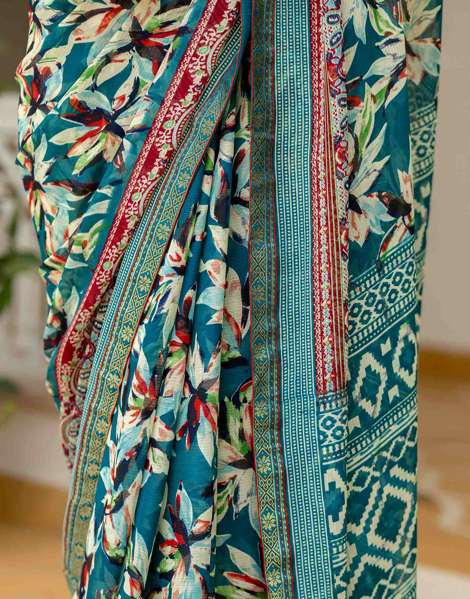 Rama Green Georgette Printed Lace Saree