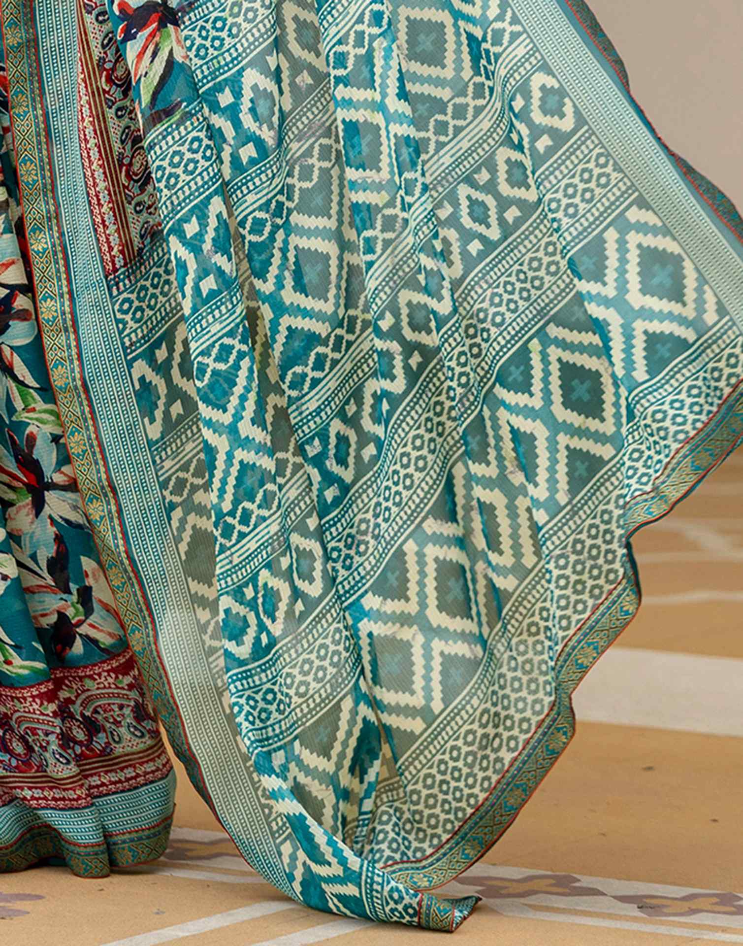 Rama Green Georgette Printed Lace Saree