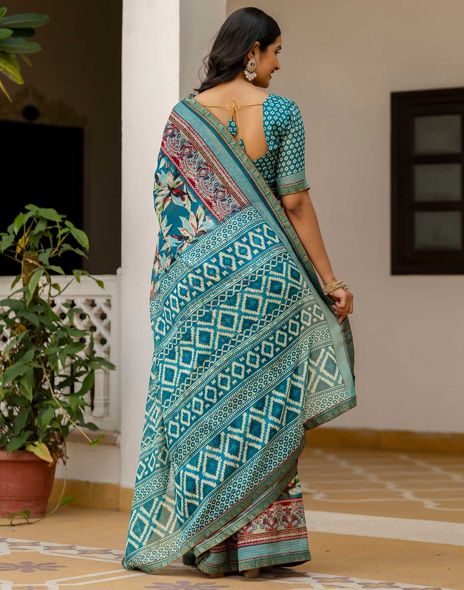 Rama Green Georgette Printed Lace Saree