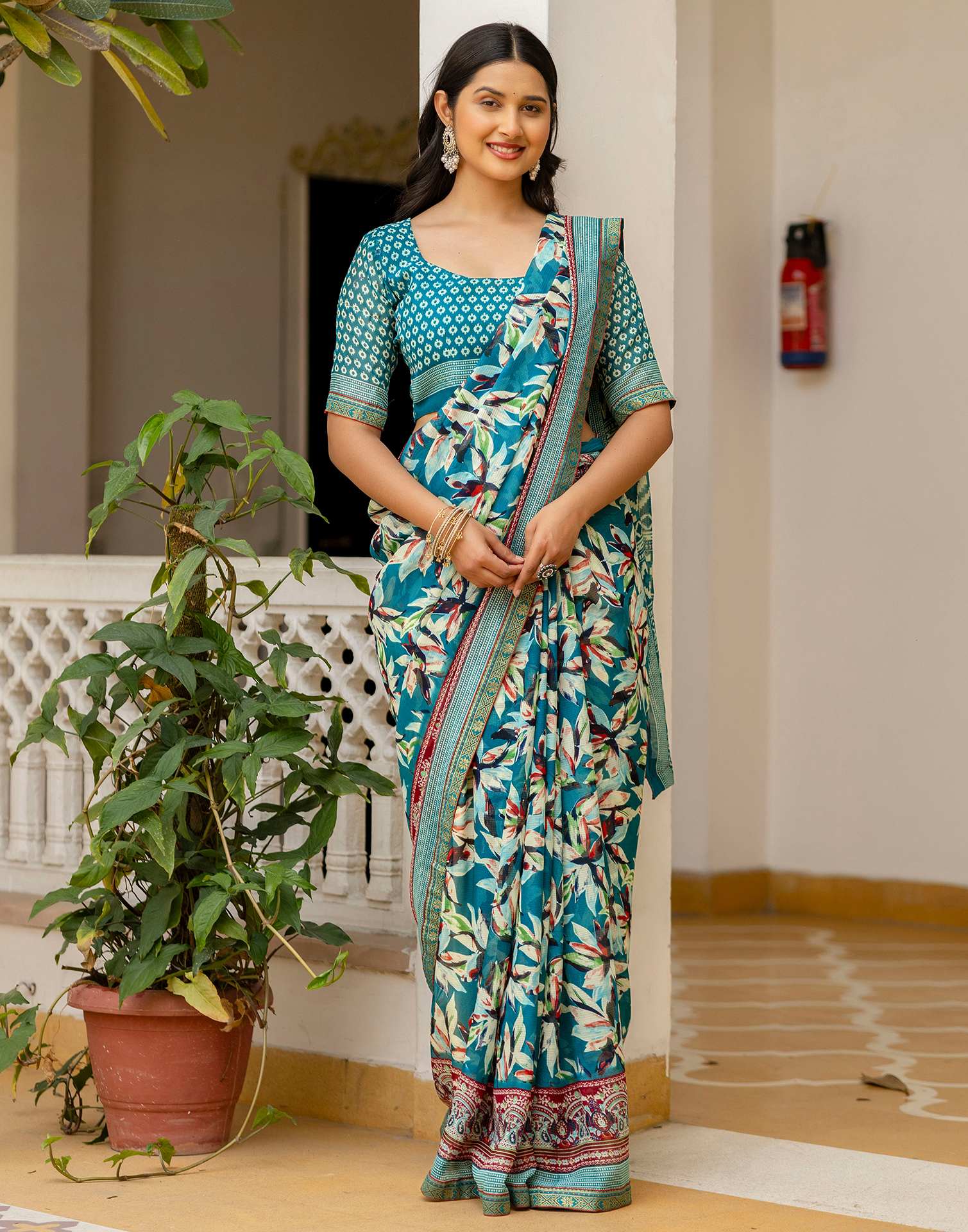 Rama Green Georgette Printed Lace Saree