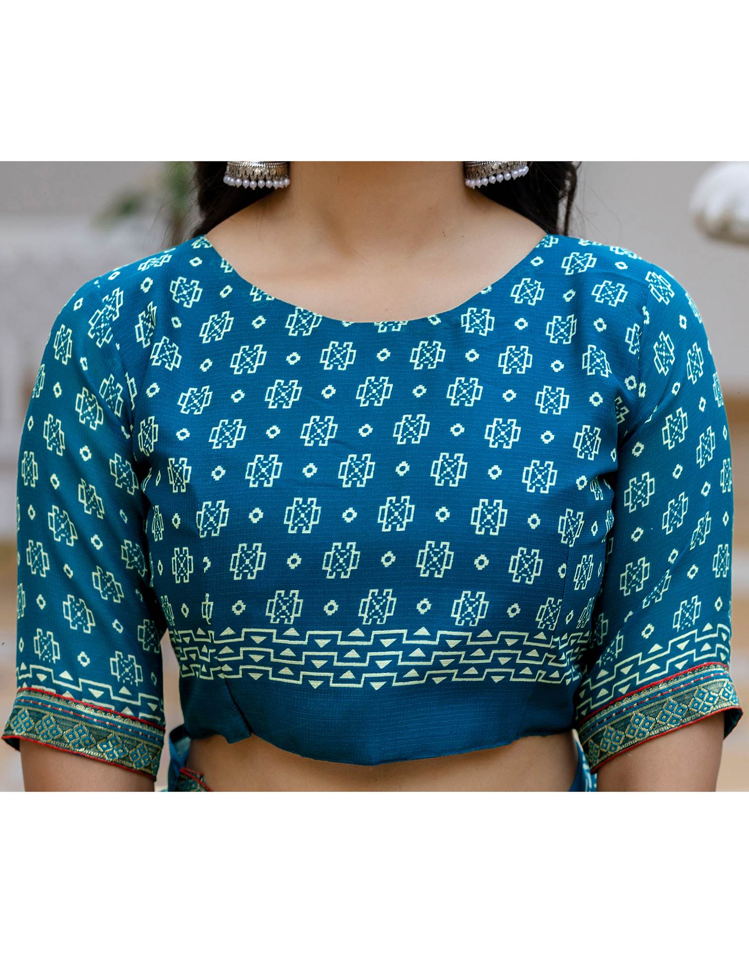 Grey Georgette Ikkat Printed Lace Saree