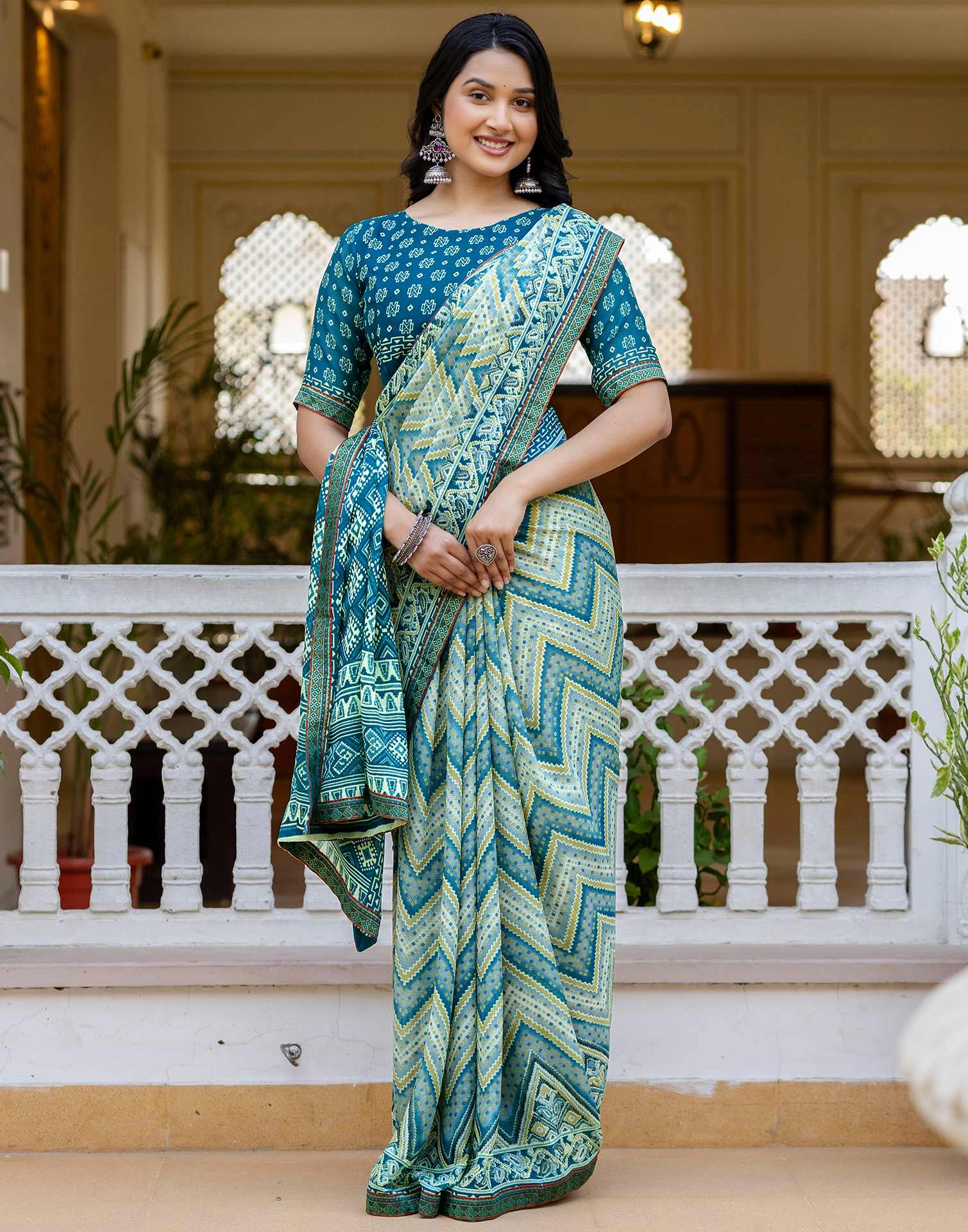 Grey Georgette Ikkat Printed Lace Saree