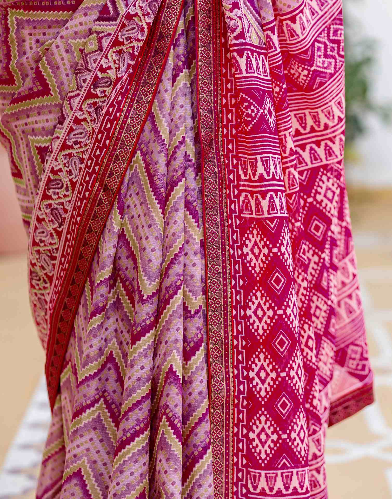 Rani Pink Georgette Ikkat Printed Lace Saree