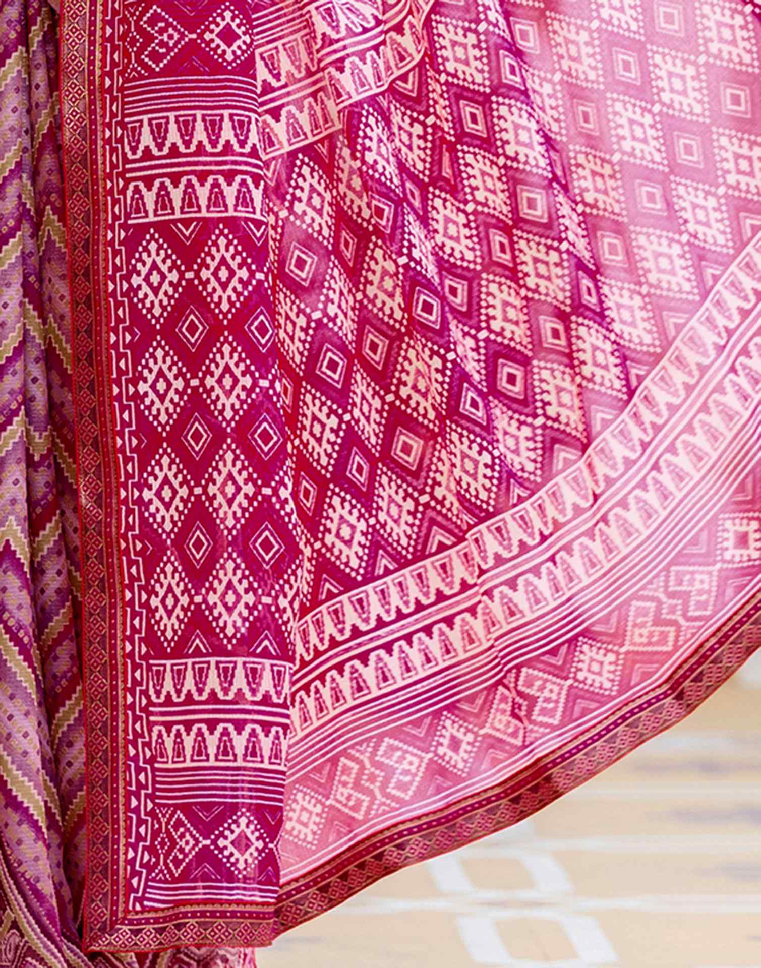 Rani Pink Georgette Ikkat Printed Lace Saree