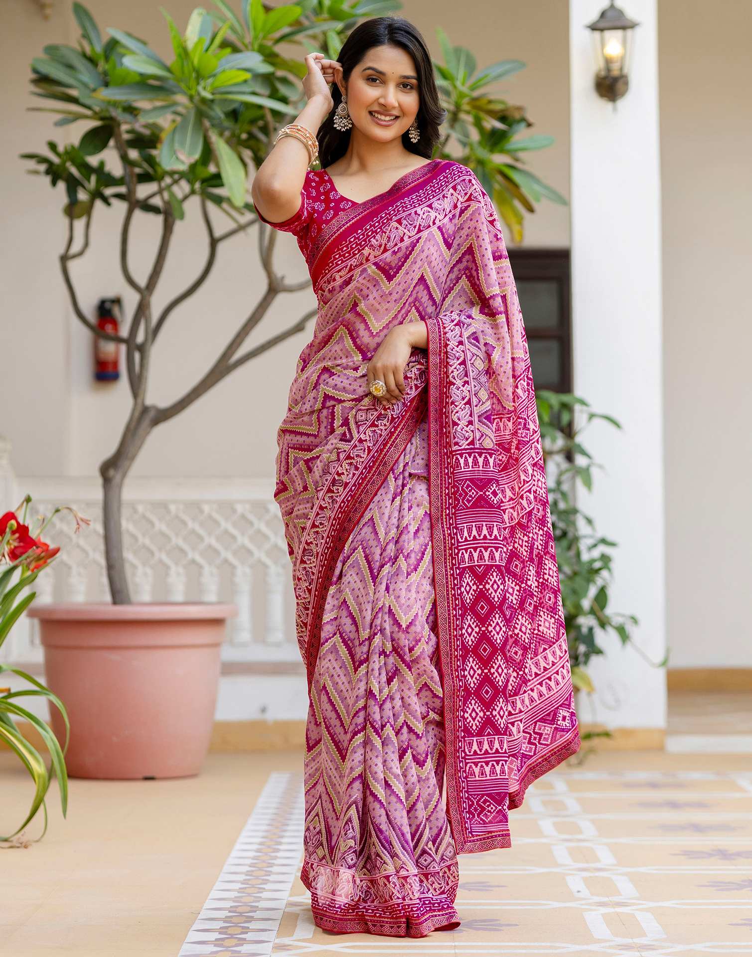 Rani Pink Georgette Ikkat Printed Lace Saree