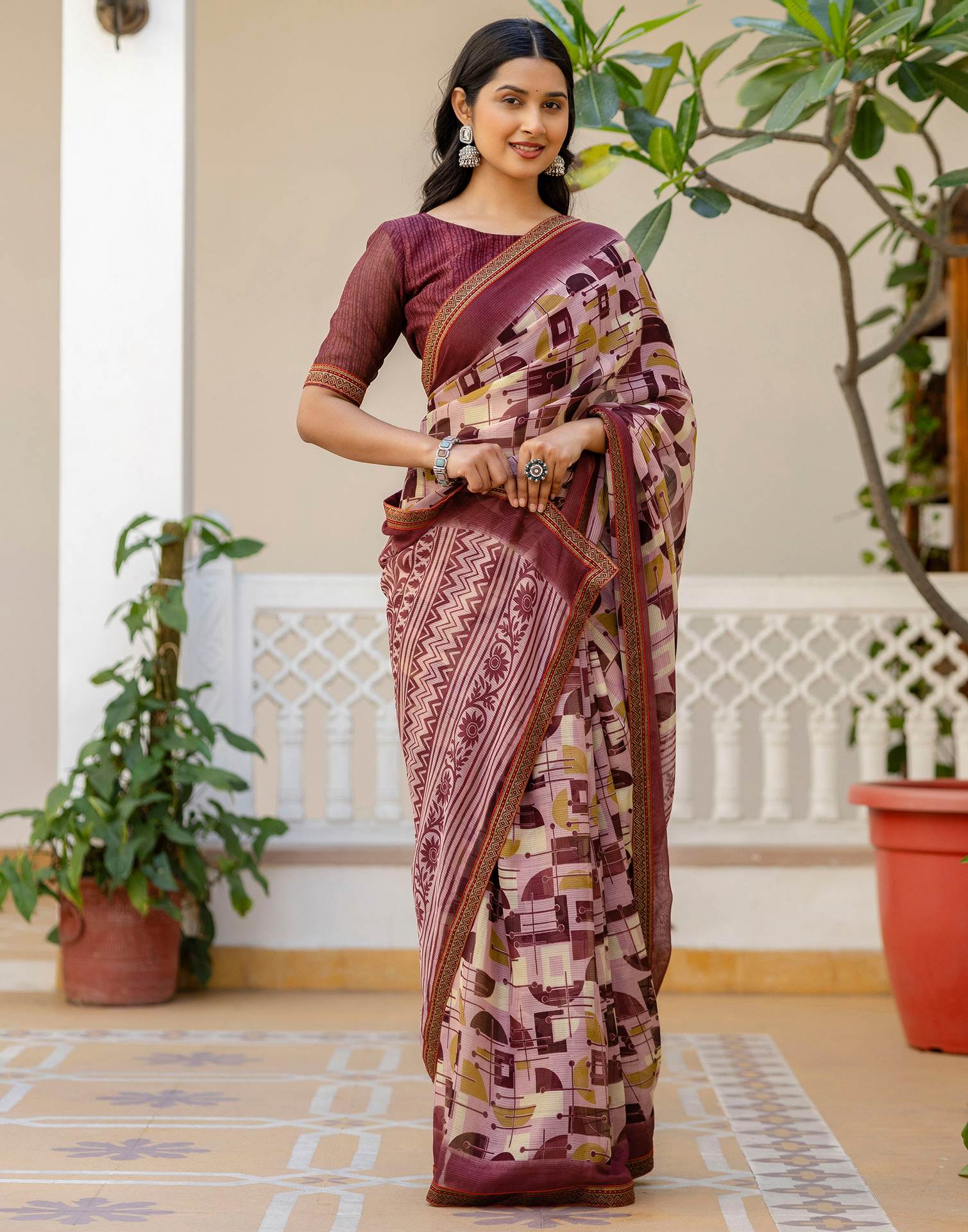 Dusty Rose Pink Georgette Printed Lace Saree