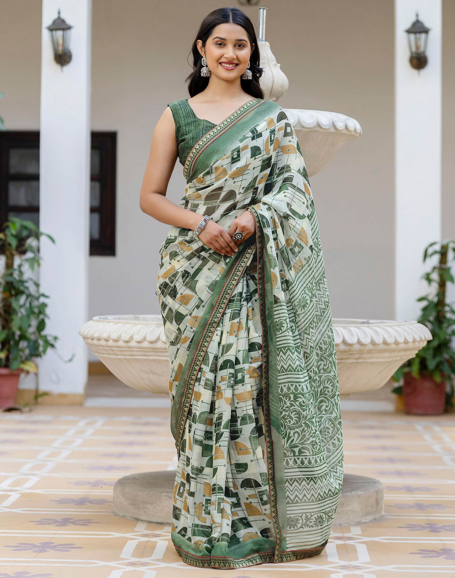Dusty Pista Green Georgette Printed Lace Saree