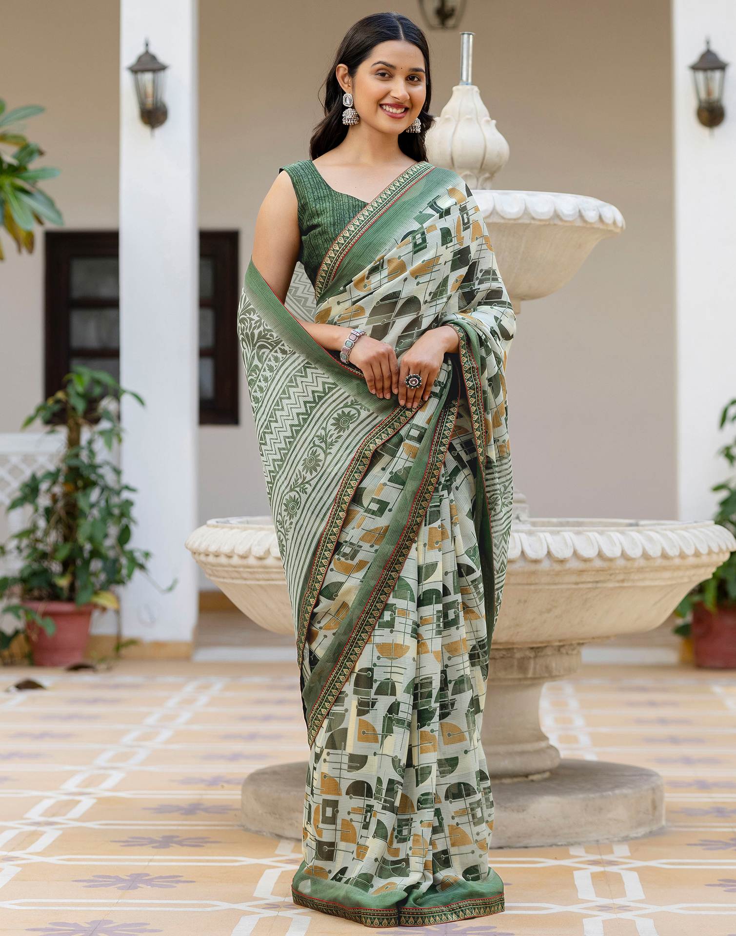 Dusty Pista Green Georgette Printed Lace Saree