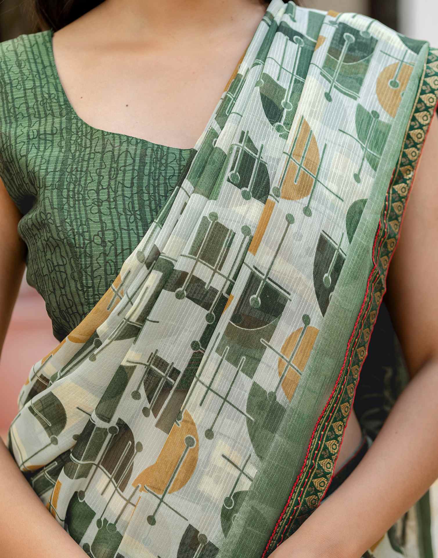Dusty Pista Green Georgette Printed Lace Saree
