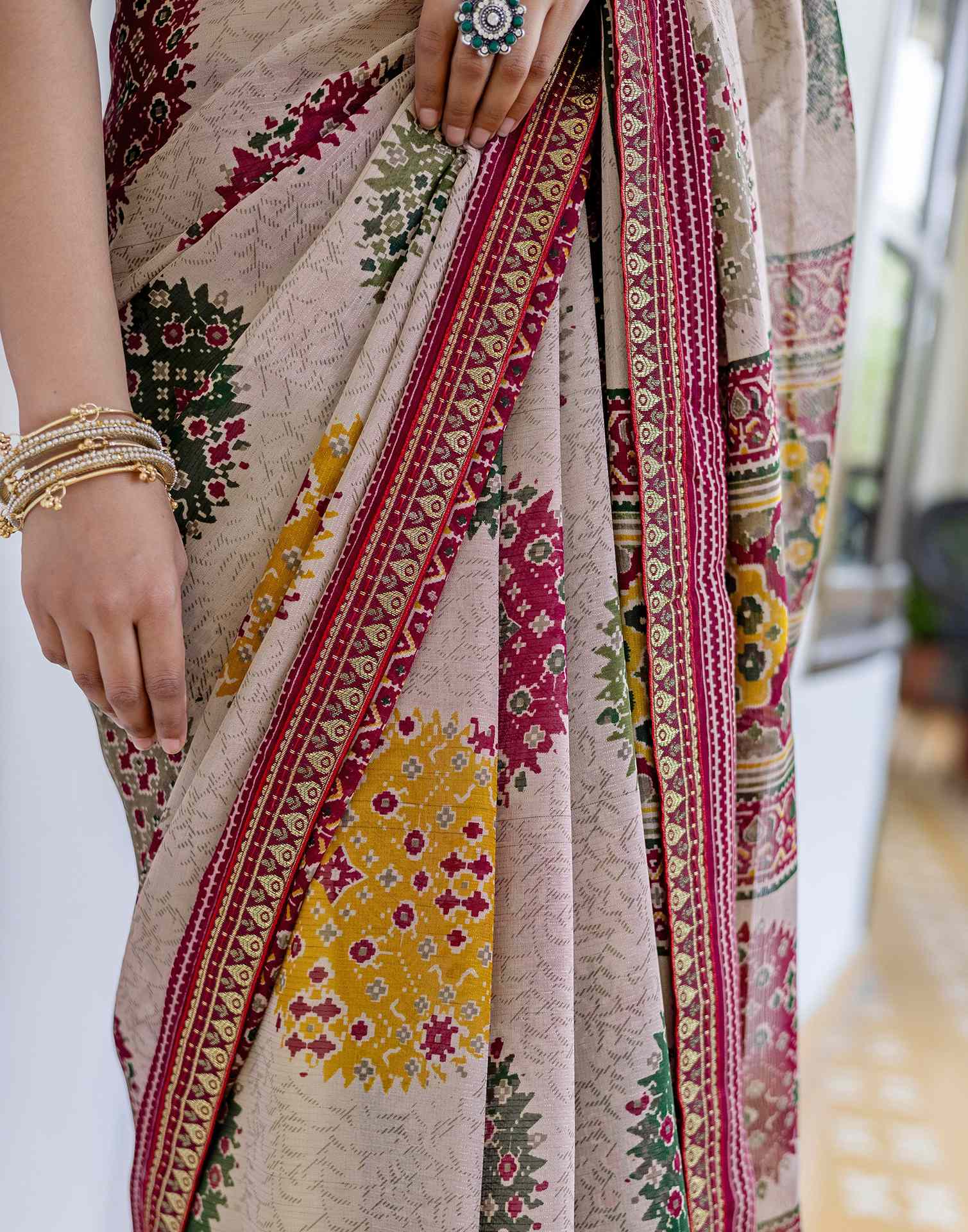 Dusty Beige Georgette Printed Lace Saree