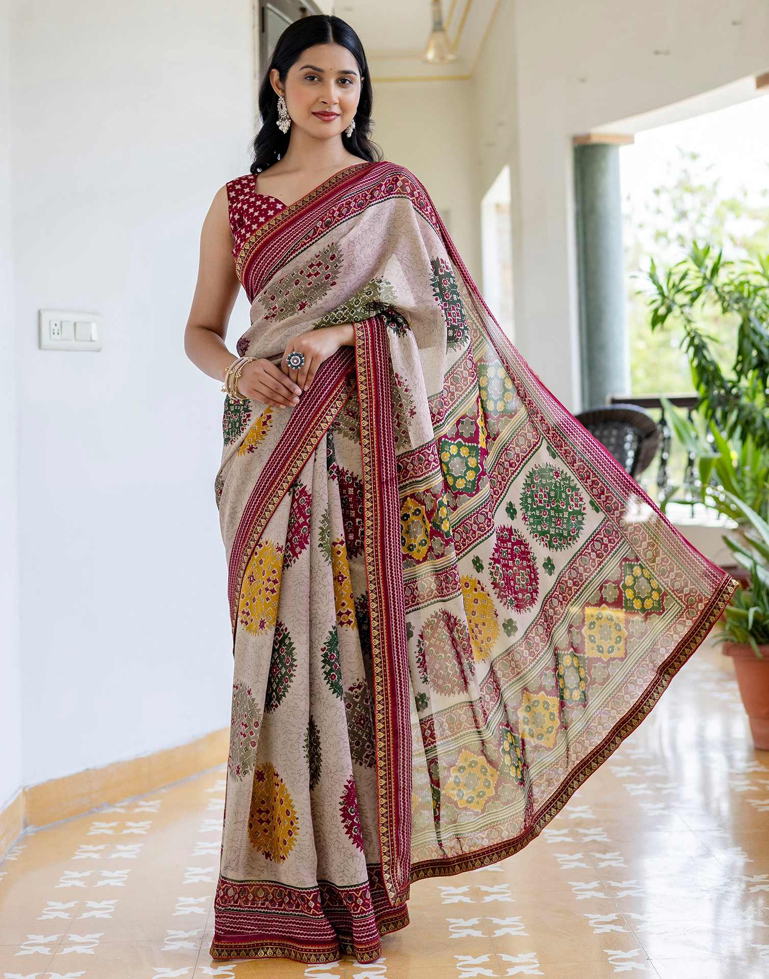 Dusty Beige Georgette Printed Lace Saree