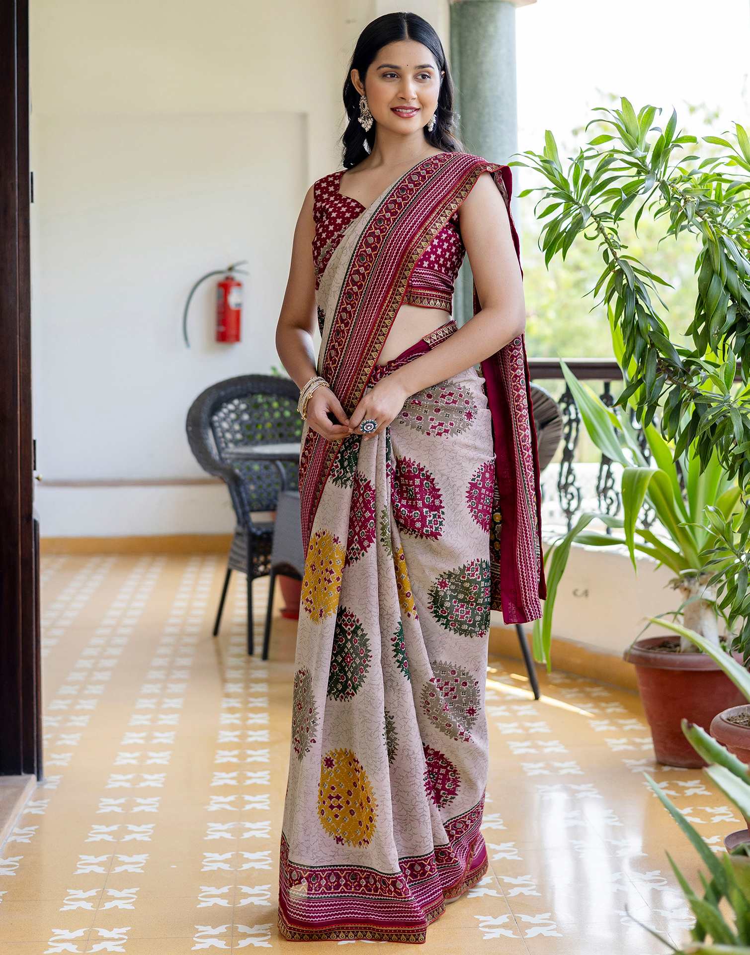 Dusty Beige Georgette Printed Lace Saree