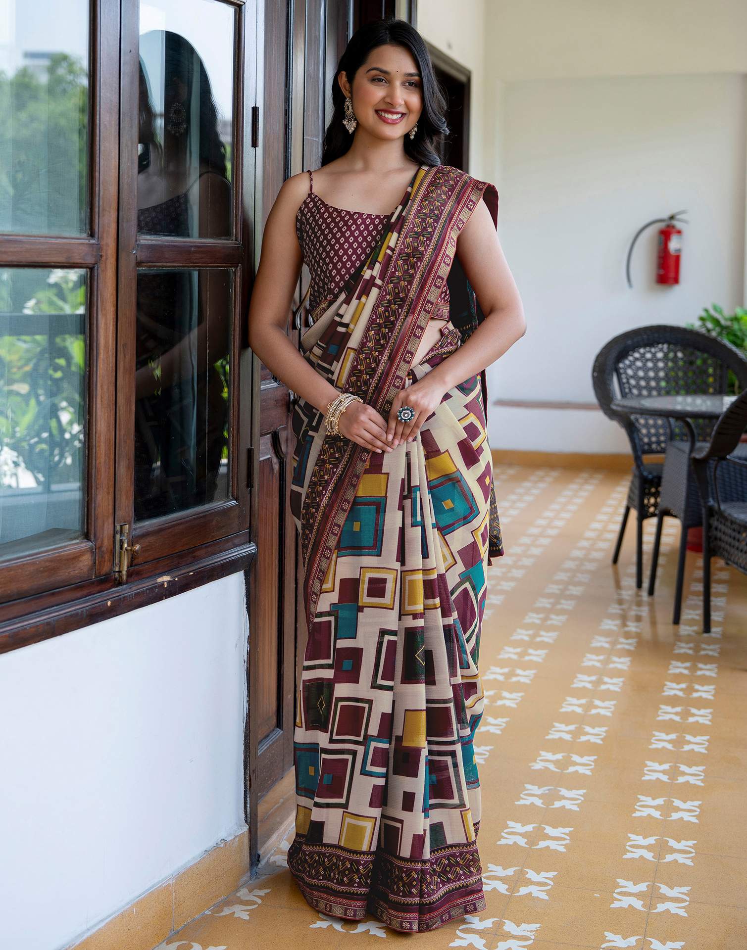 Beige Georgette Printed Lace Saree