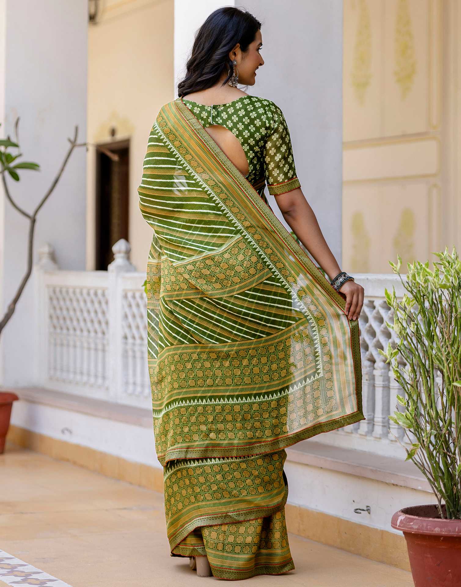 Green Georgette Printed Lace Saree