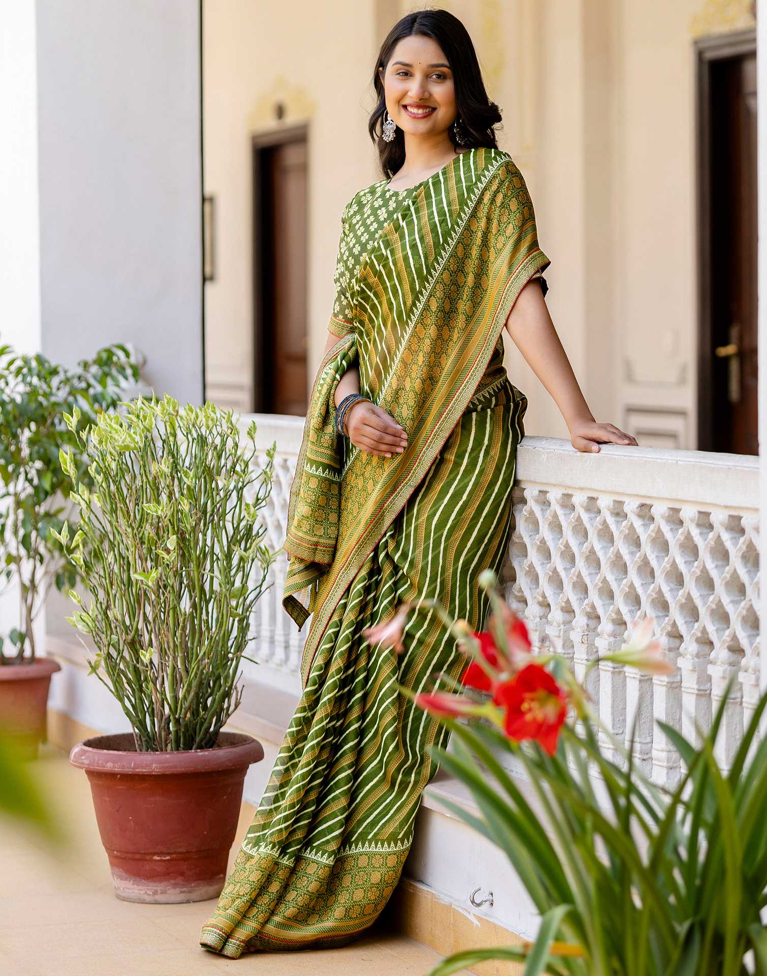 Green Georgette Printed Lace Saree