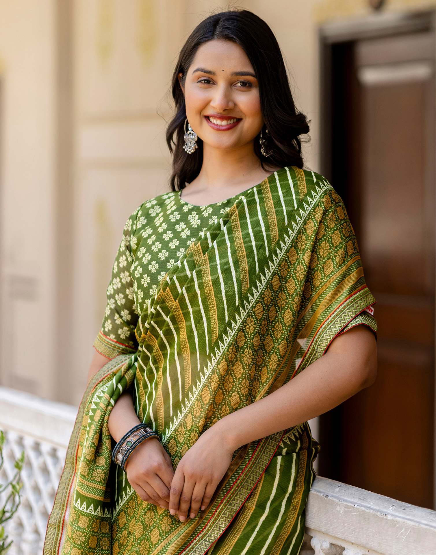 Green Georgette Printed Lace Saree