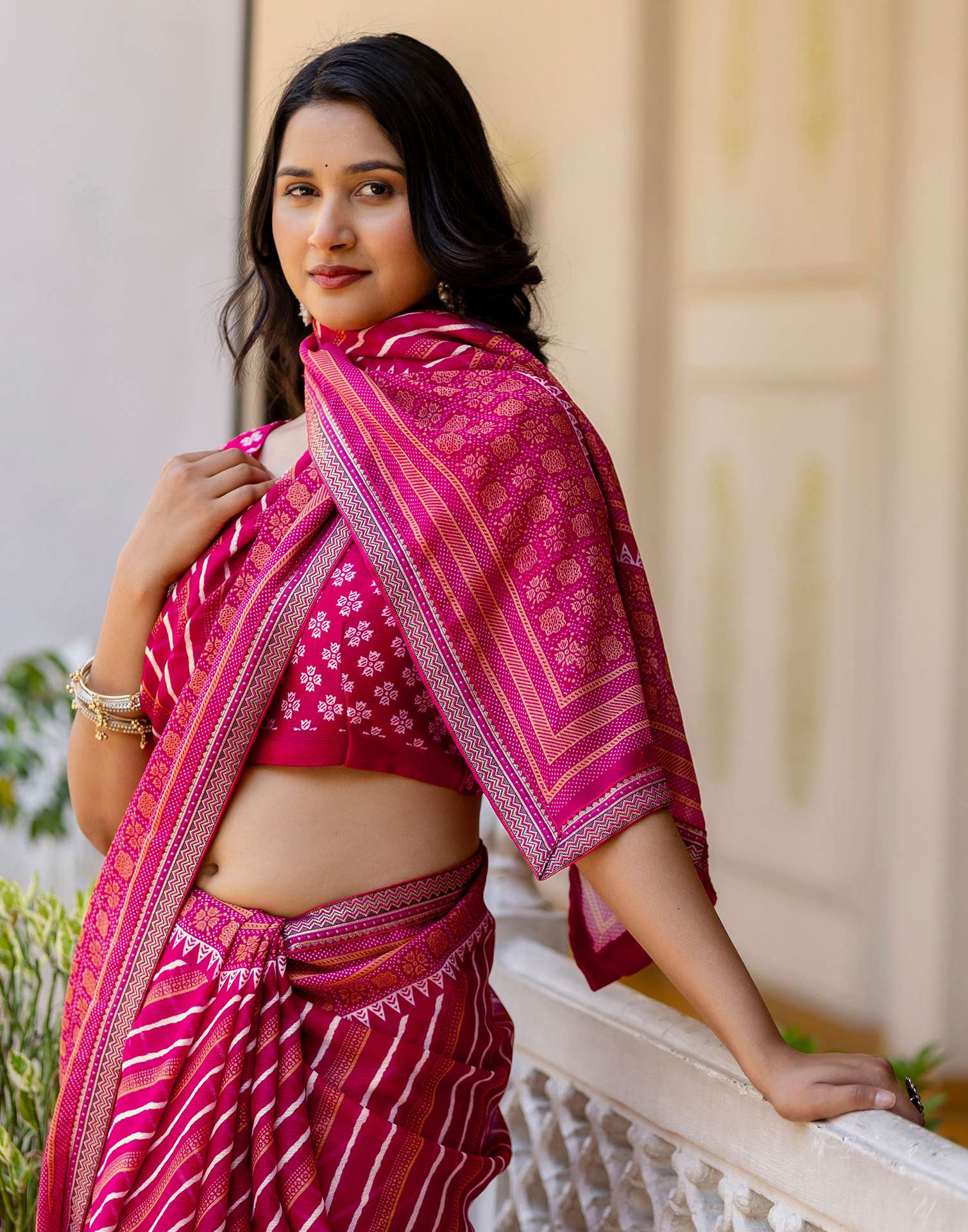 Dark Rani Pink Georgette Printed Lace Saree