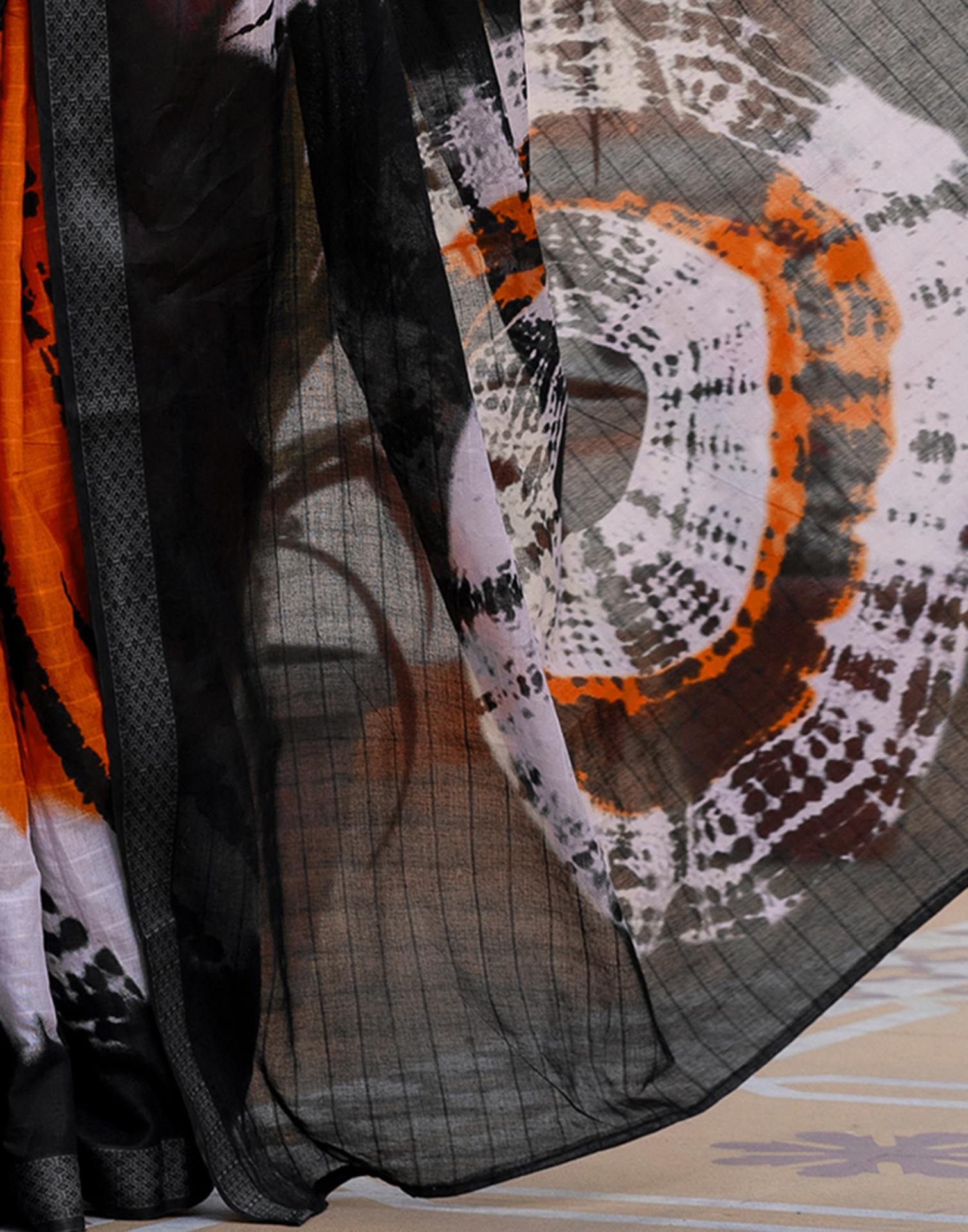 Orange Cotton Printed Woven Border Saree