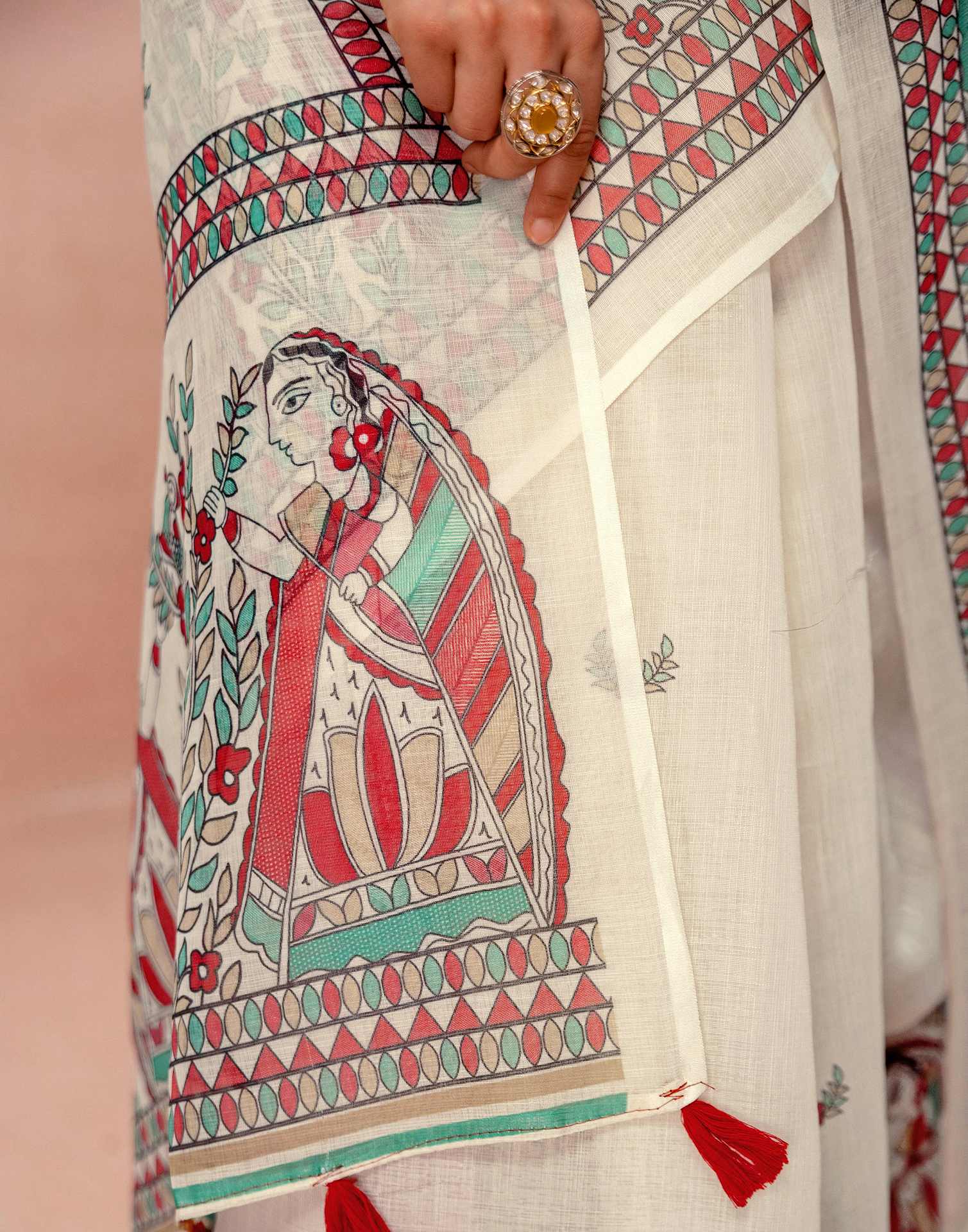 Off White Linen Madhubani Printed Saree
