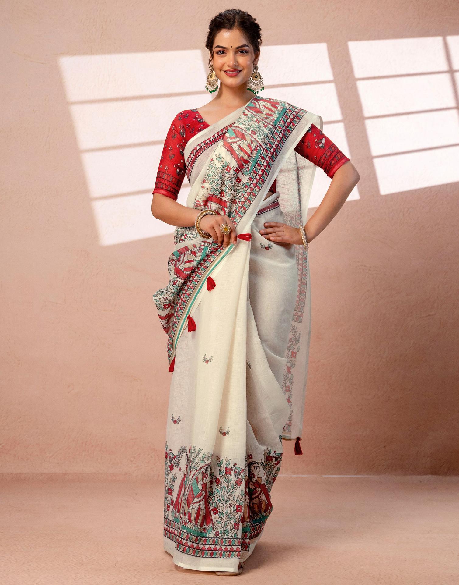 Off White Linen Madhubani Printed Saree