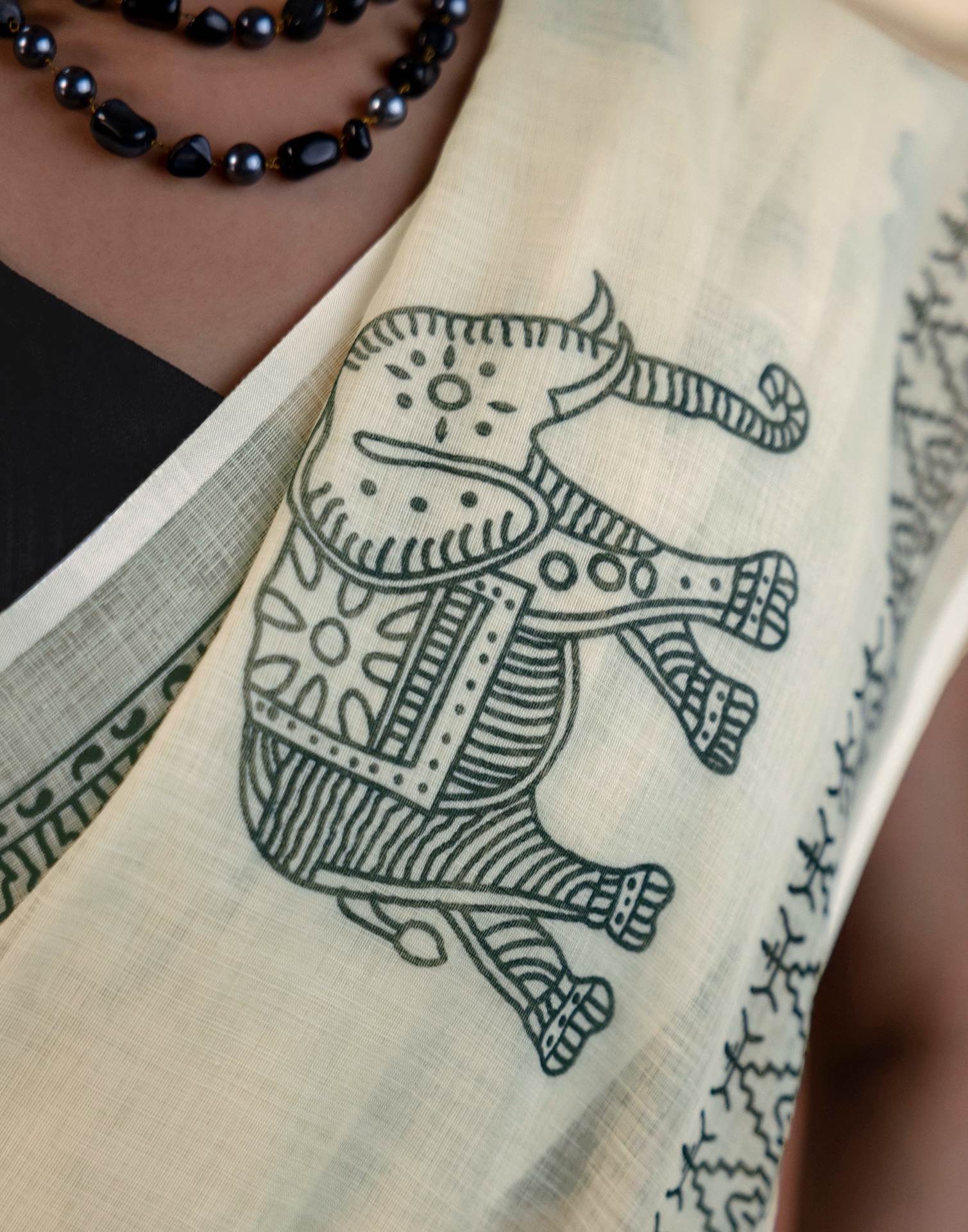Off White Linen Printed Saree