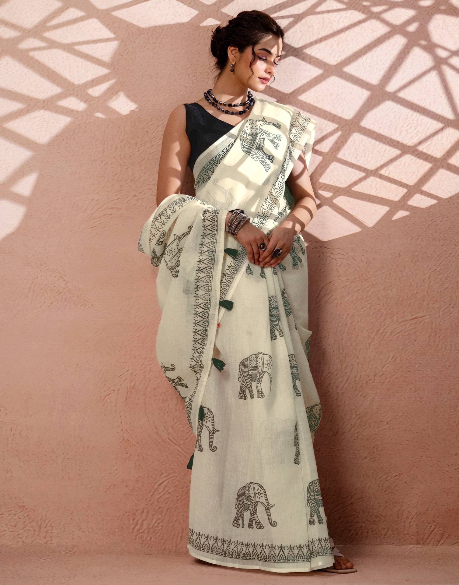 Off White Linen Printed Saree