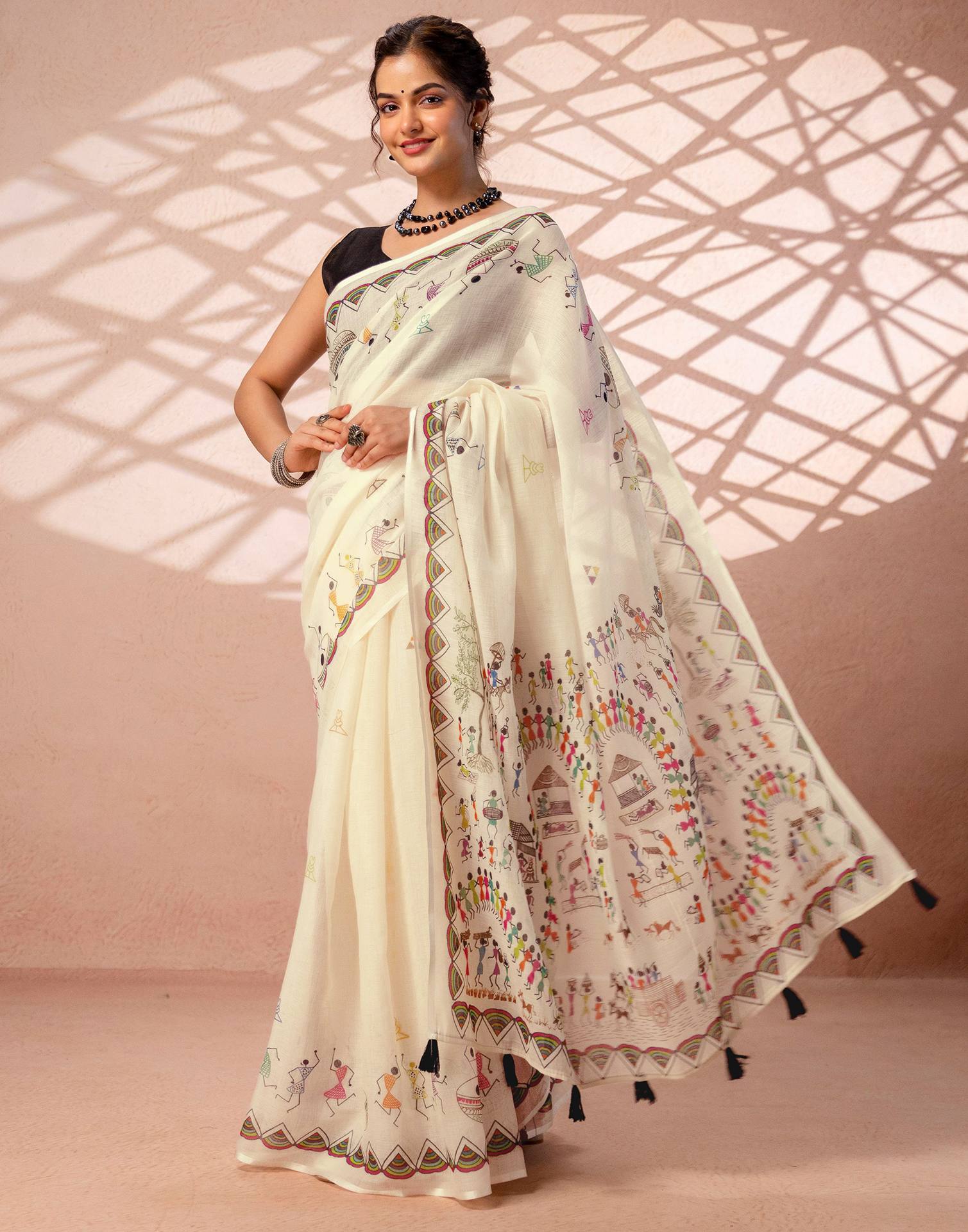 Beige Linen Warli Printed Saree