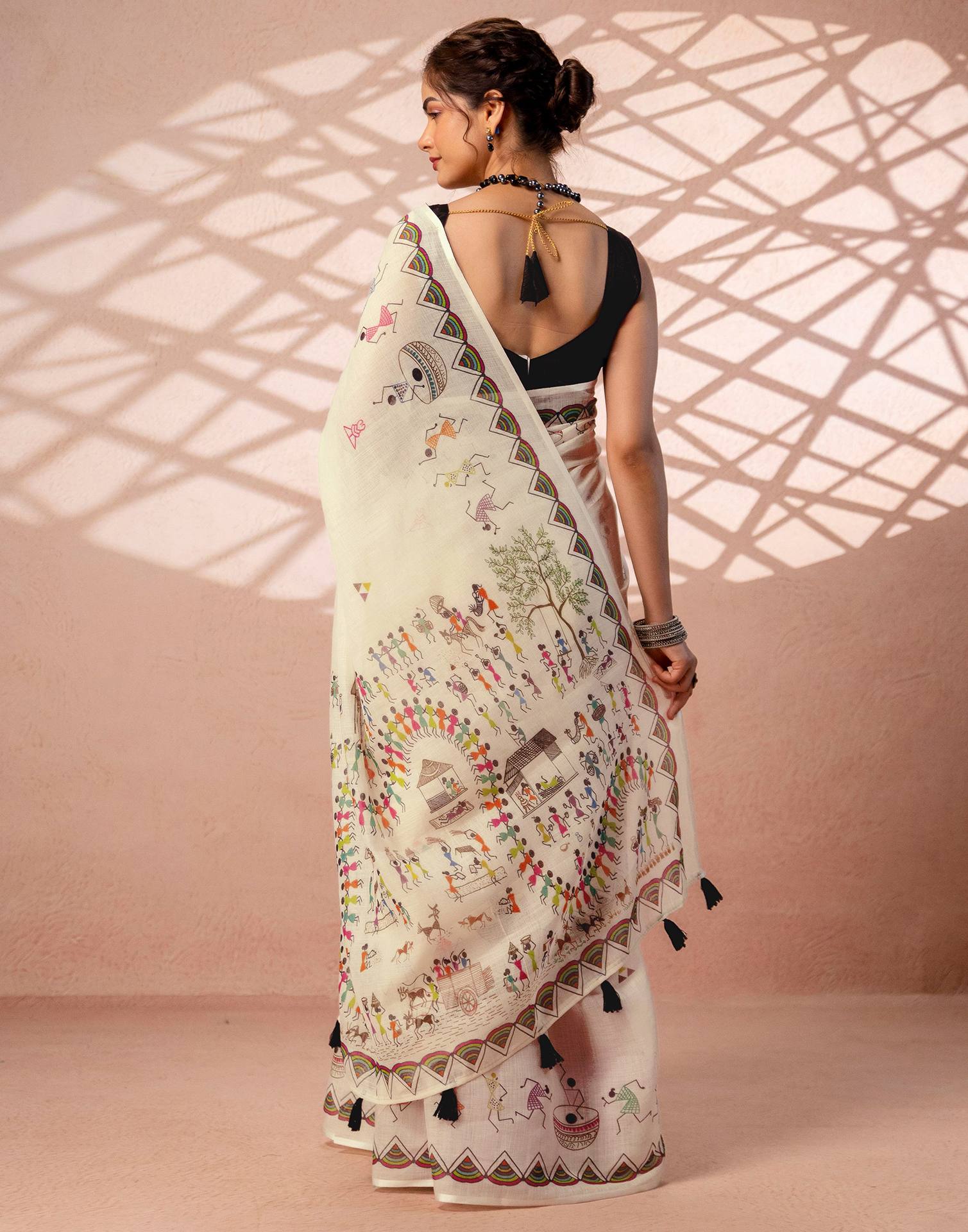Beige Linen Warli Printed Saree