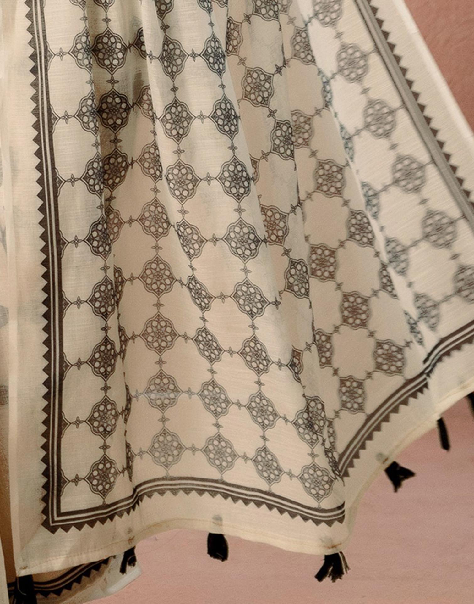 Beige Linen Printed Saree