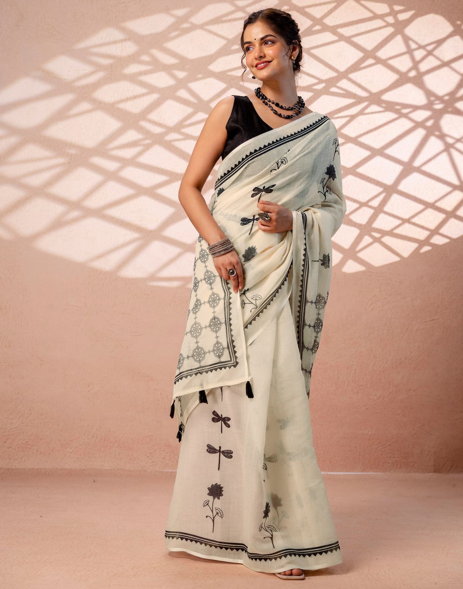 Beige Linen Printed Saree