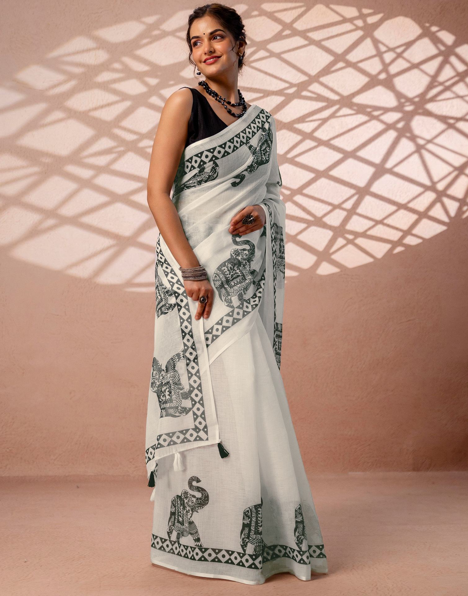 White Linen Printed Saree
