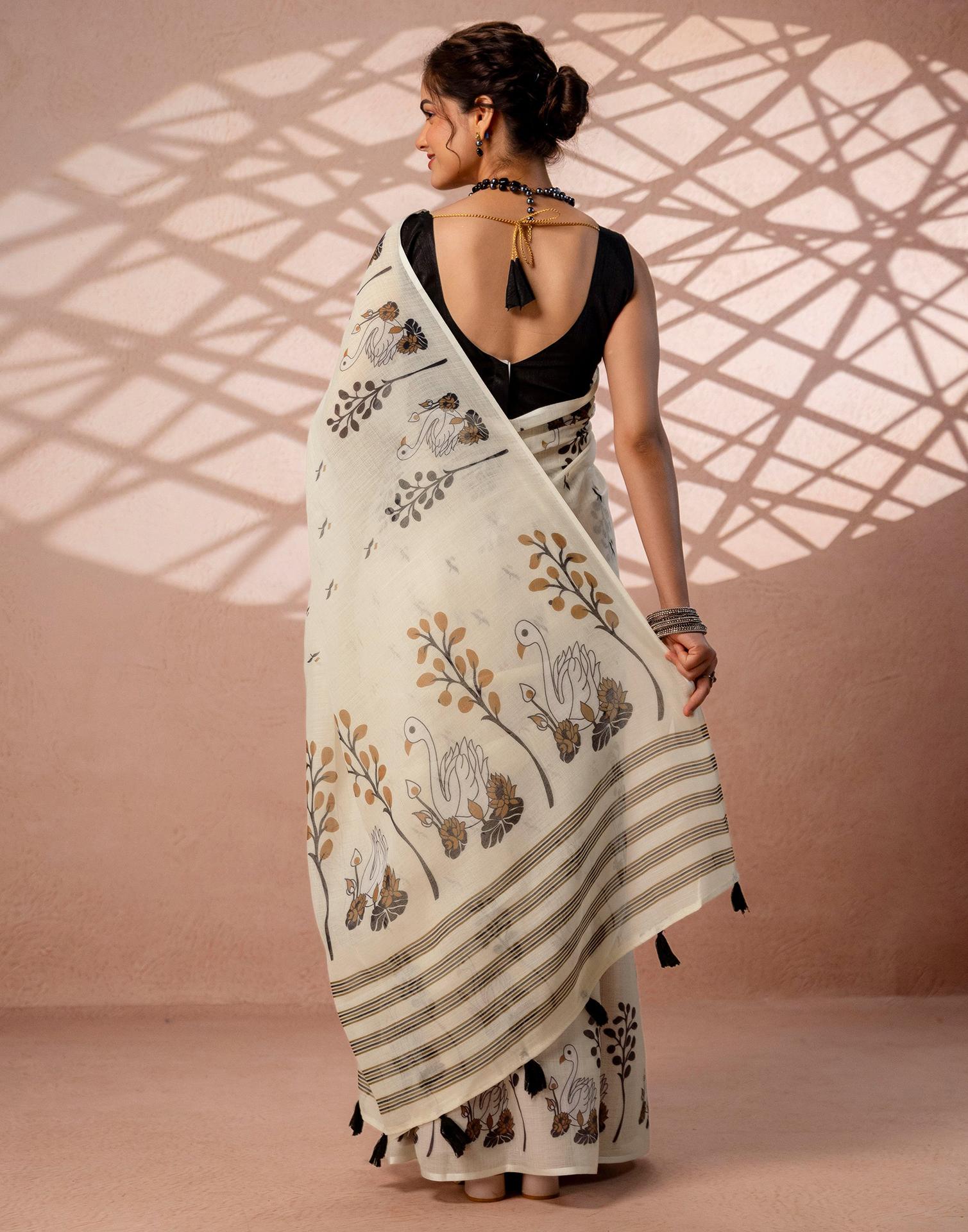Beige Linen Printed Saree
