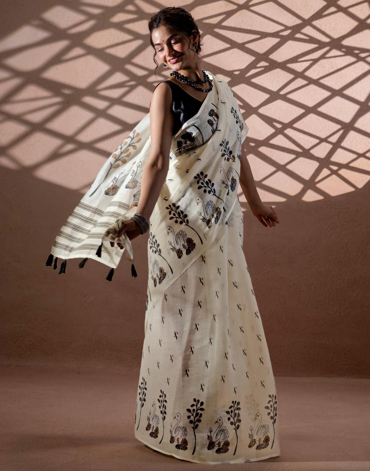 Beige Linen Printed Saree