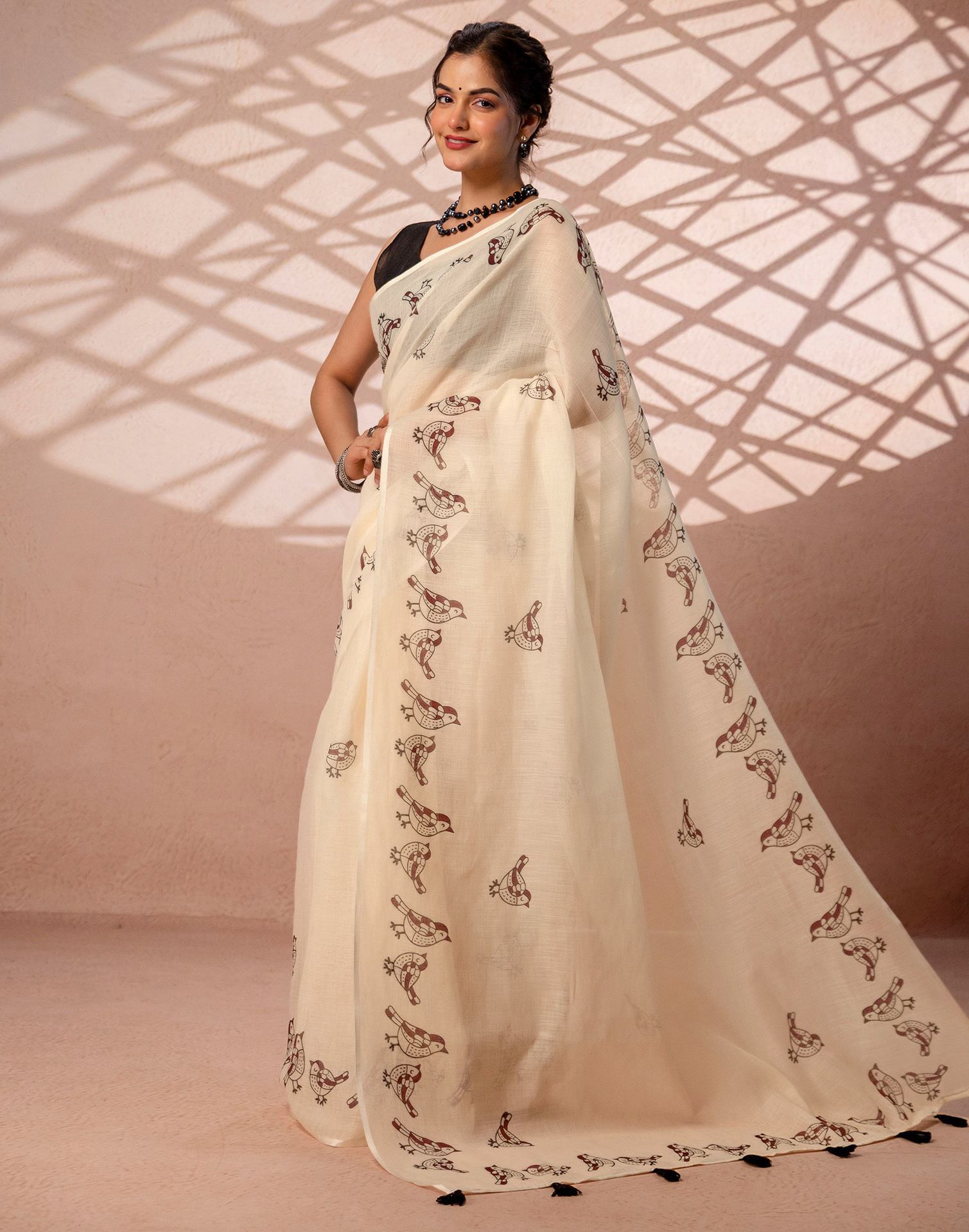 Beige Linen Printed Saree