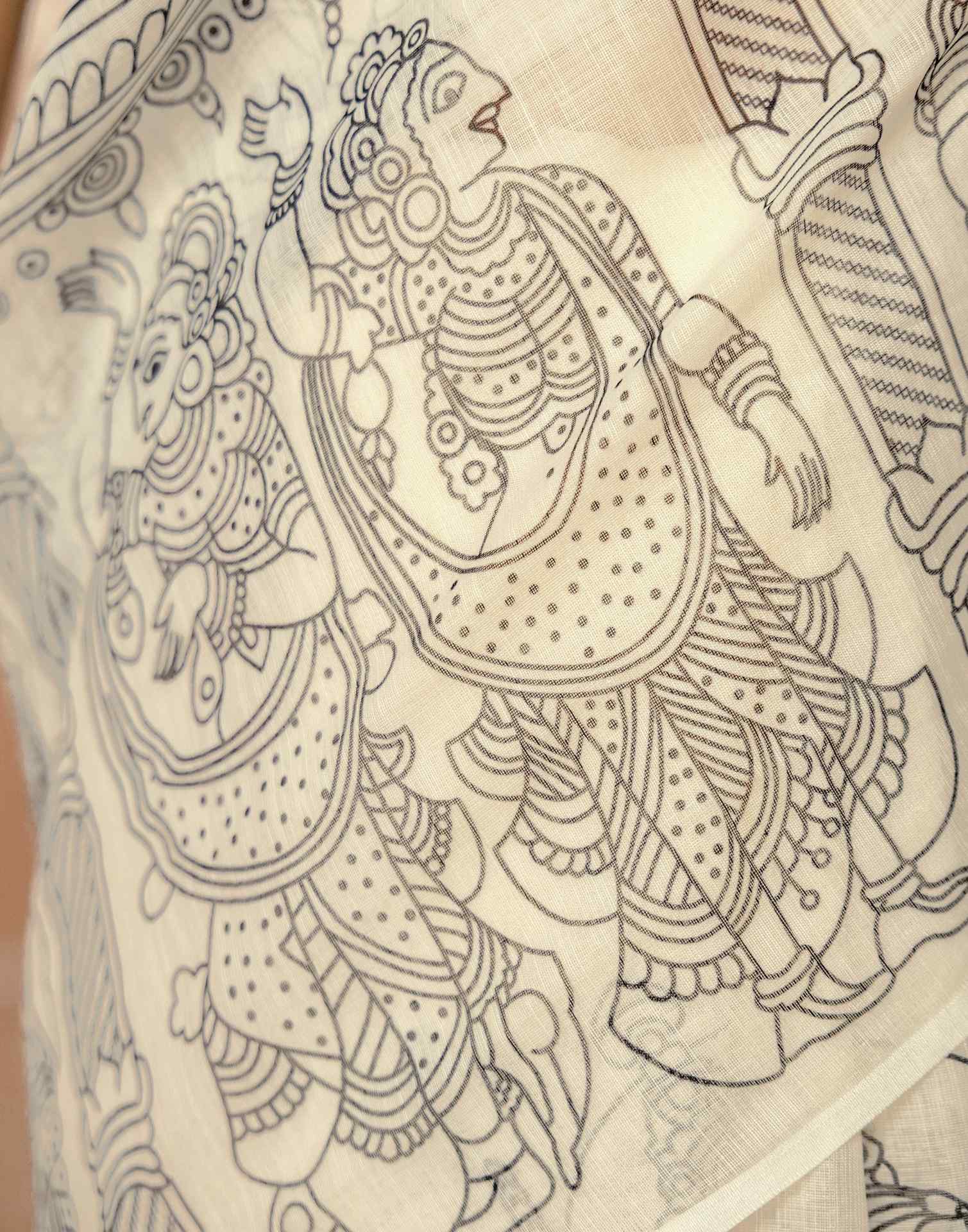 Off White Linen Kalamkari Printed Saree