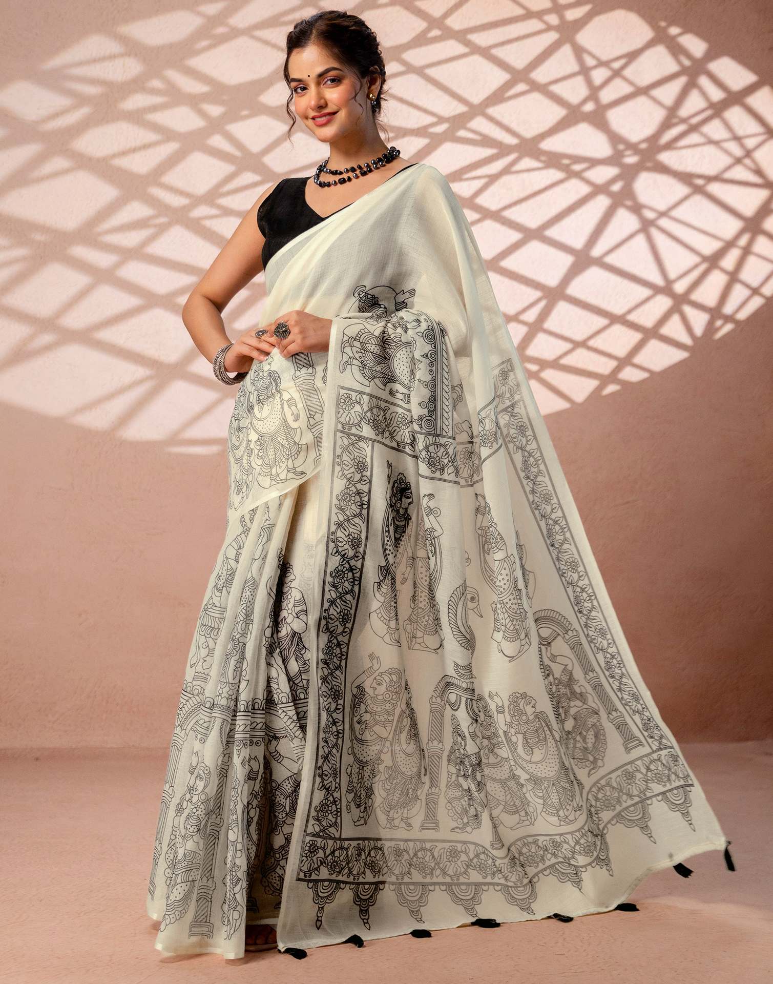 Off White Linen Kalamkari Printed Saree