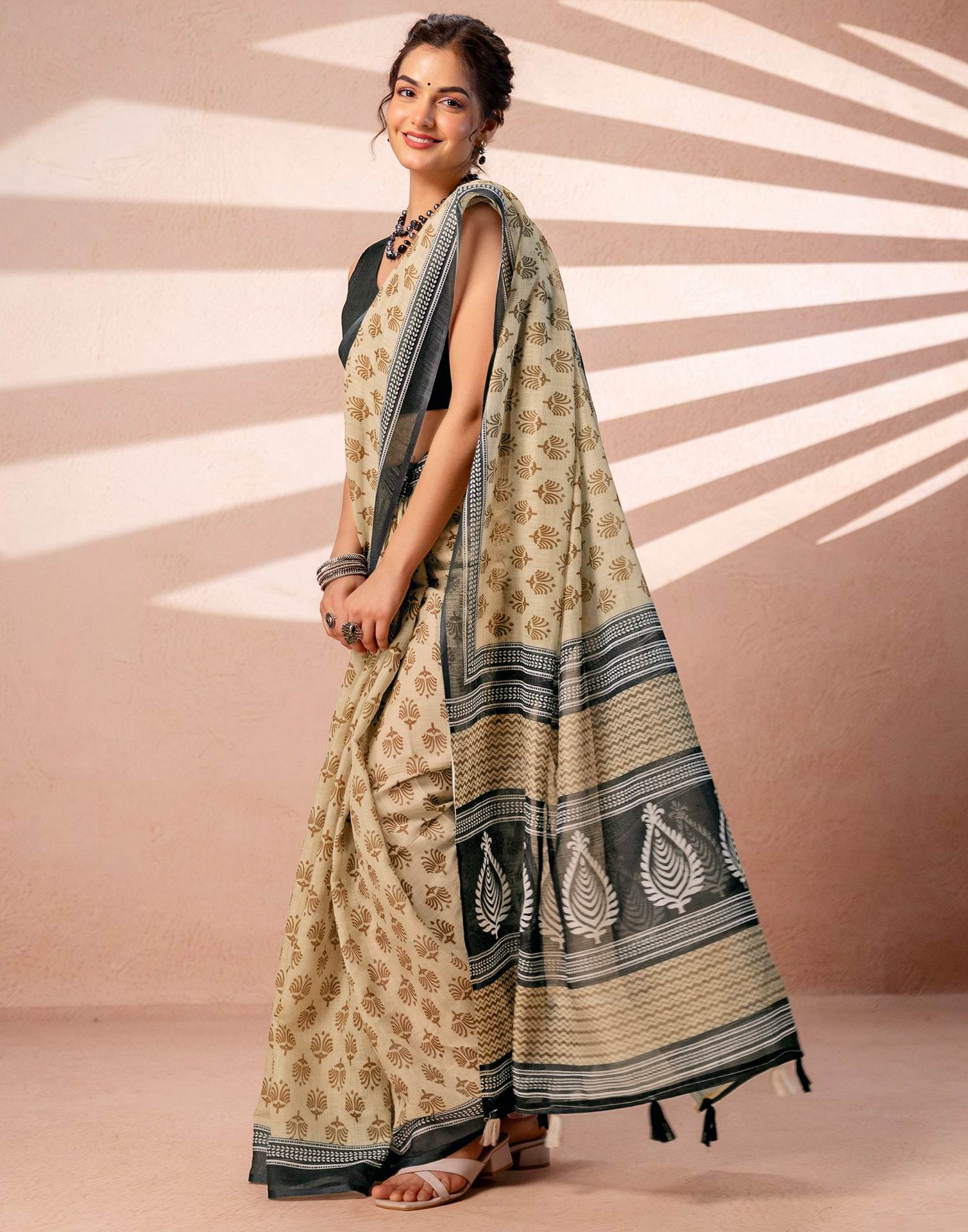 Dark Beige Linen Printed Saree