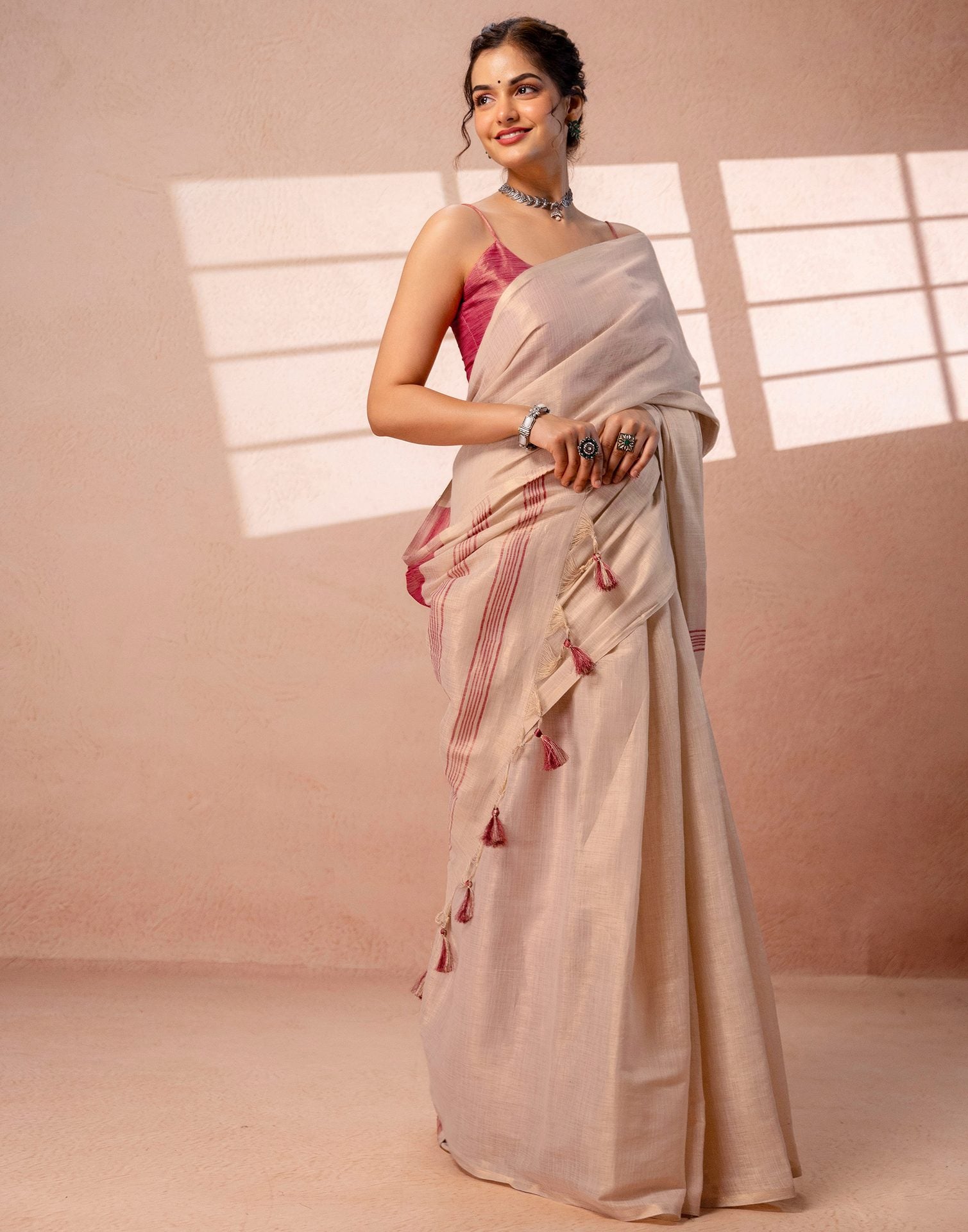 Beige Shimmer Silk Woven Saree